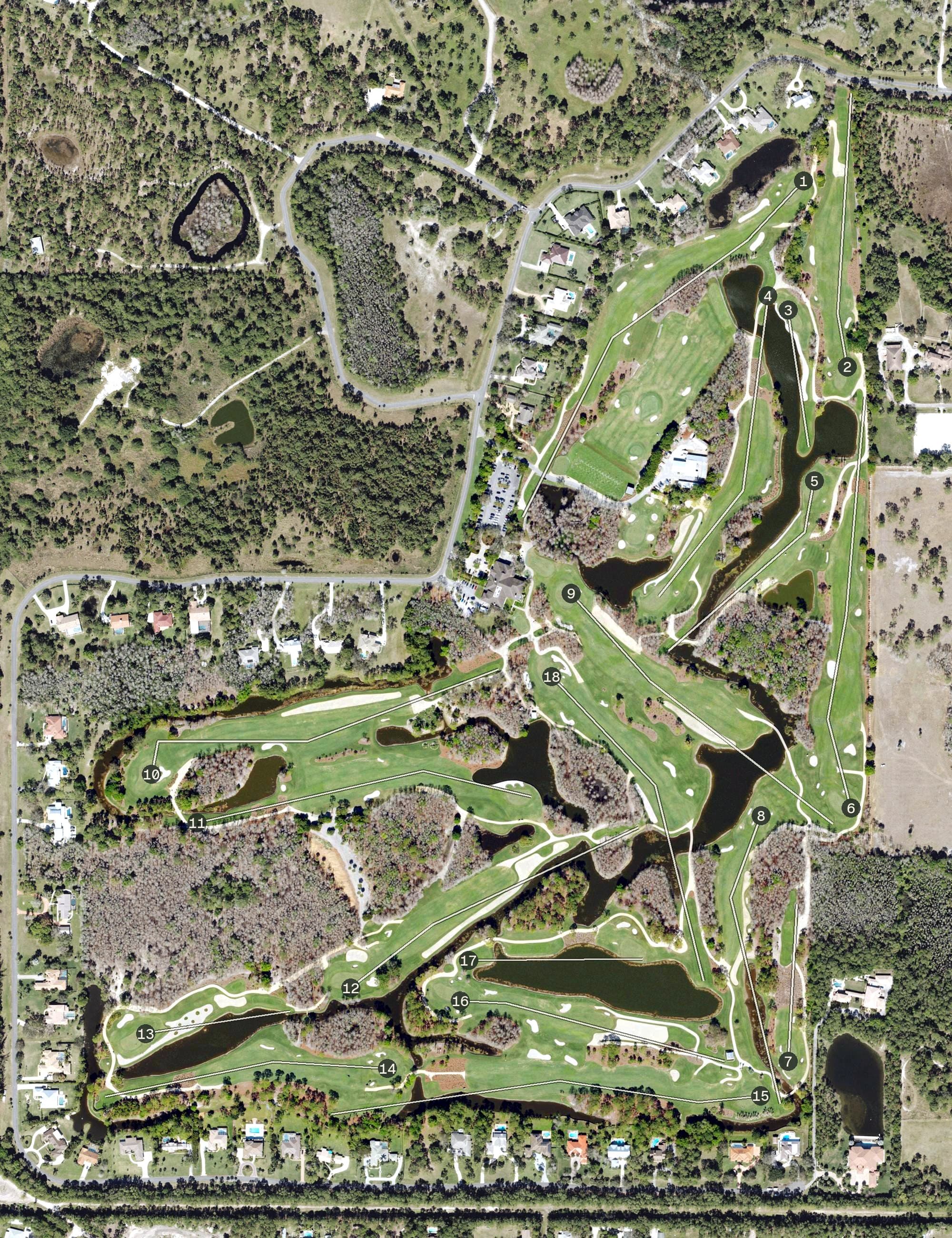Aerial view of The Dye Preserve, FL, with its hole routing marked