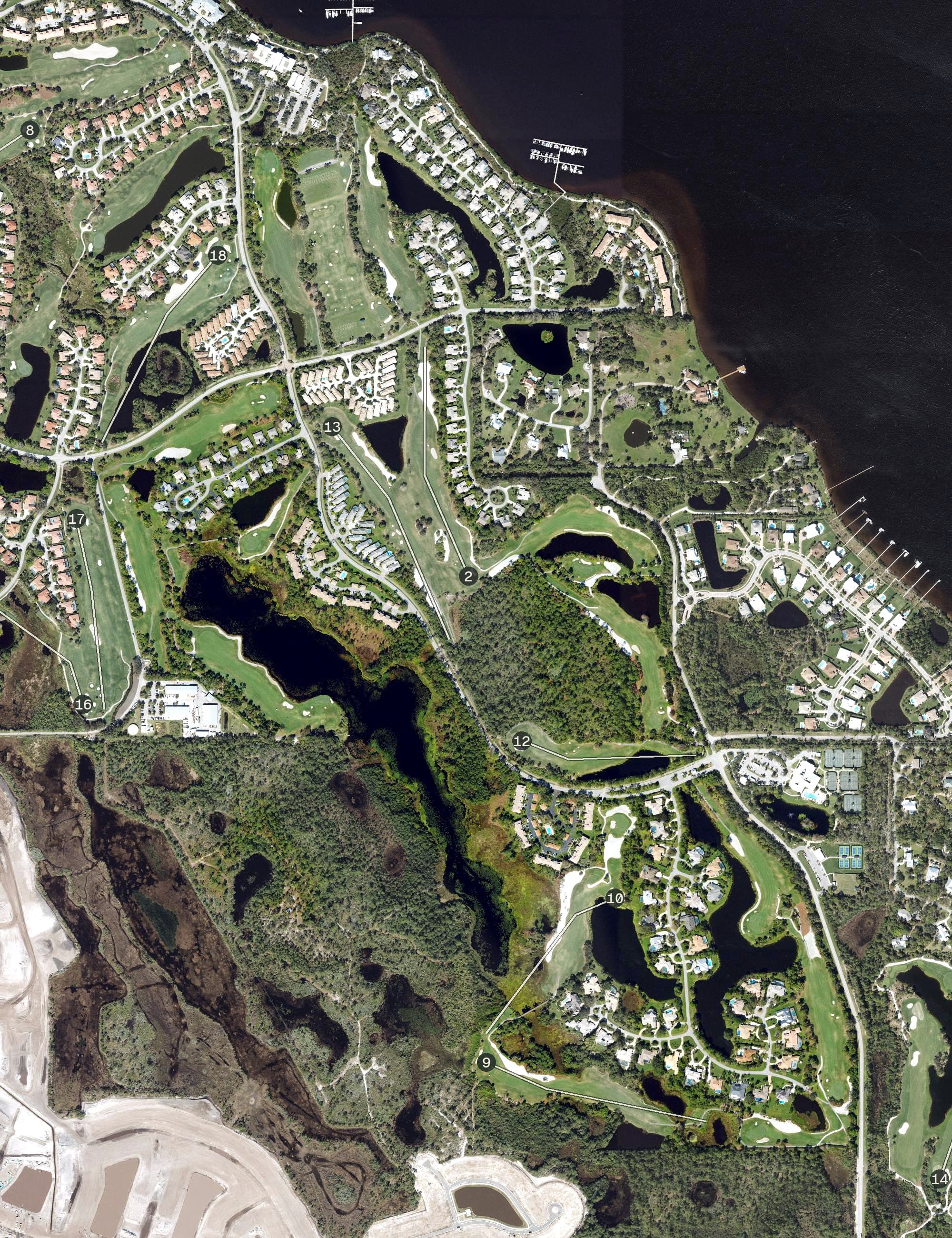 Aerial view of The Golden Marsh, FL, with its hole routing marked