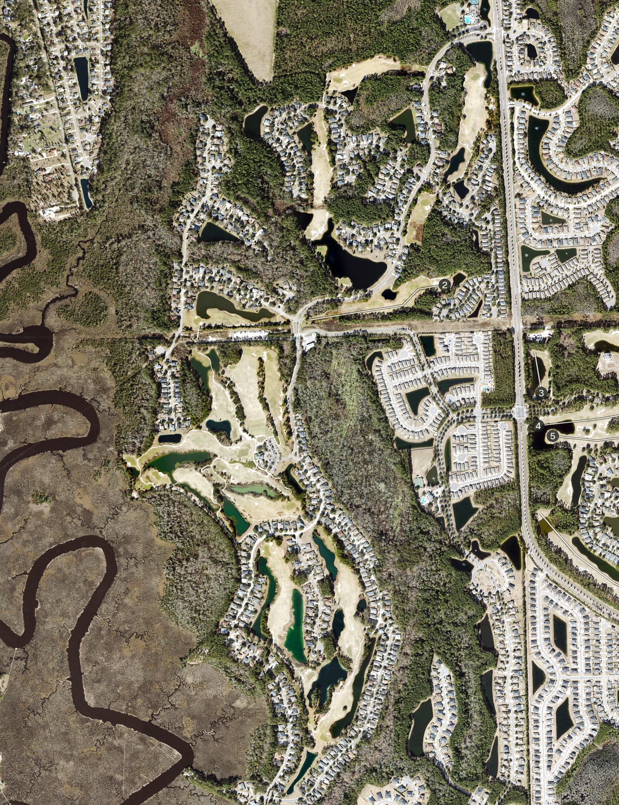 Aerial view of The Golf Club at North Hampton, FL, with its hole routing marked