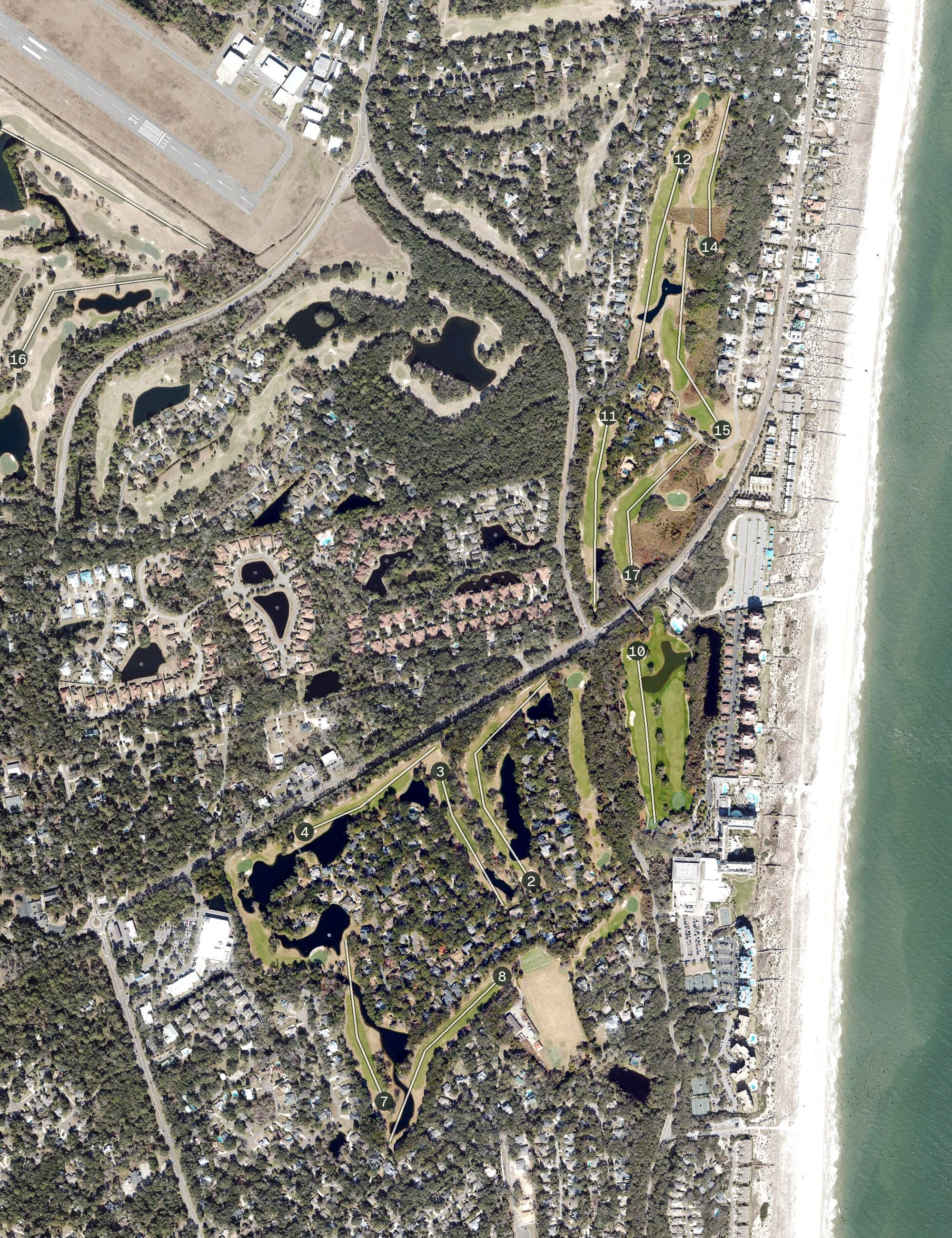 Aerial view of The Golf Club of Amelia Island, FL, with its hole routing marked