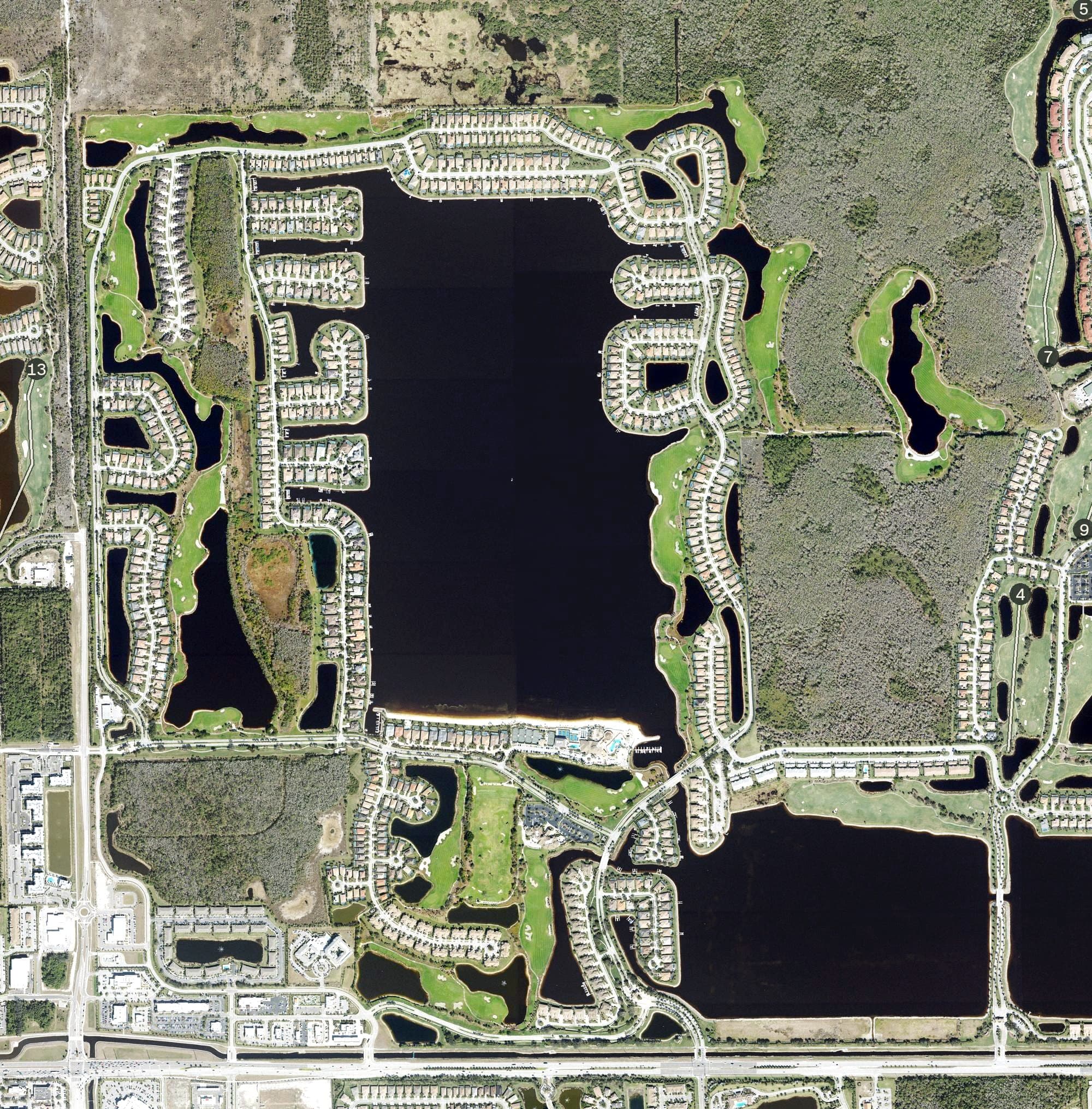 Aerial view of The Golf Lodge at the Quarry, FL, with its hole routing marked