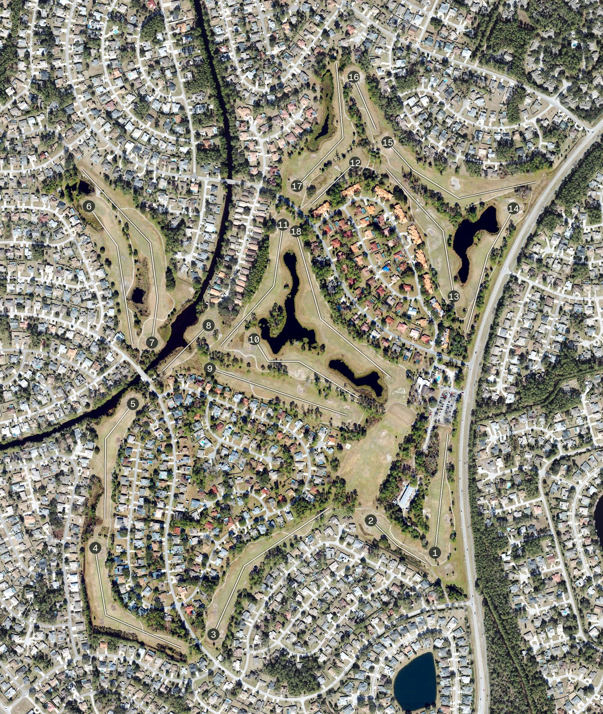 Aerial view of The Grand Club - Pine Lakes Course, FL, with its hole routing marked