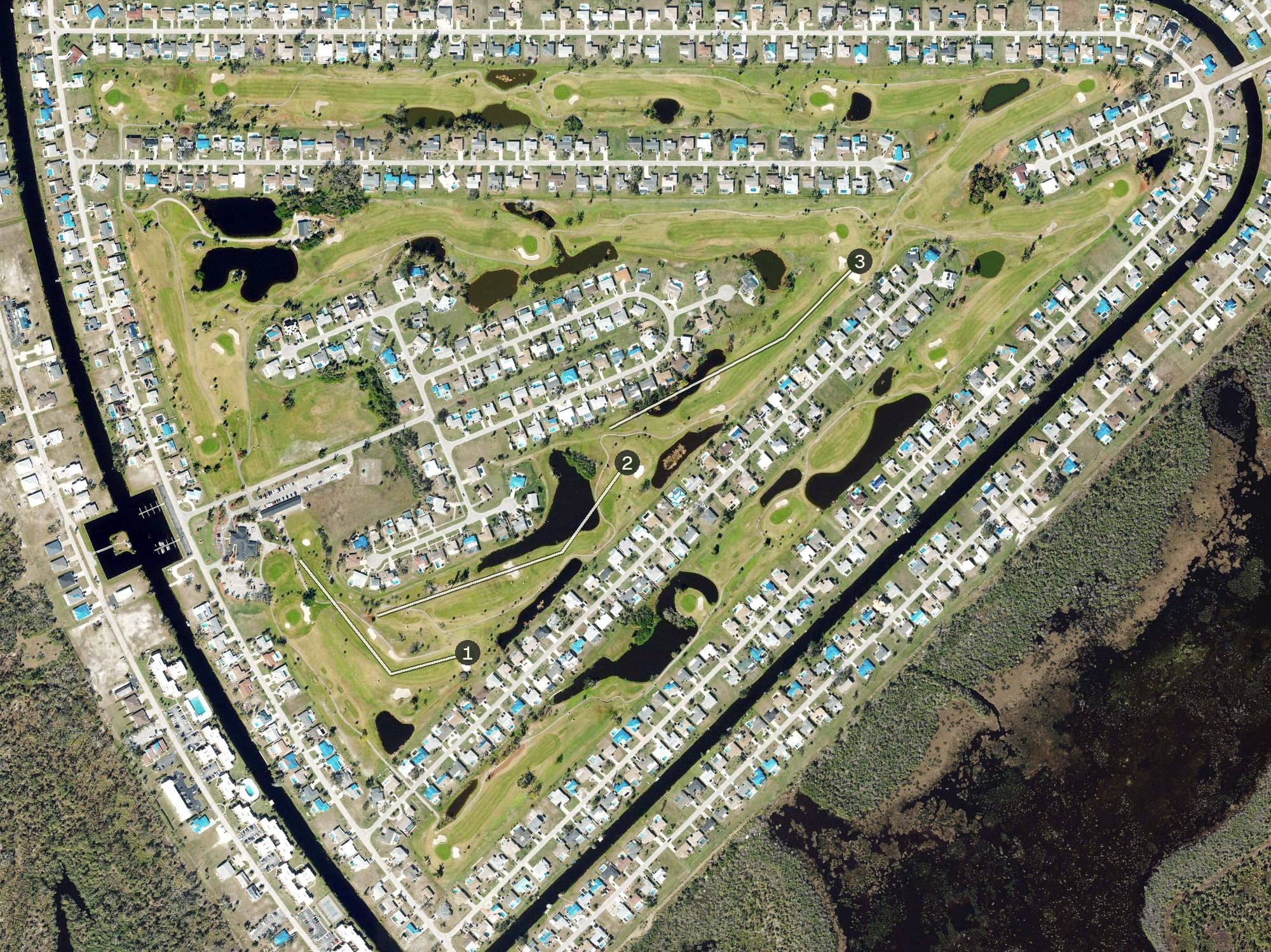 Aerial view of The Hills, FL, with its hole routing marked