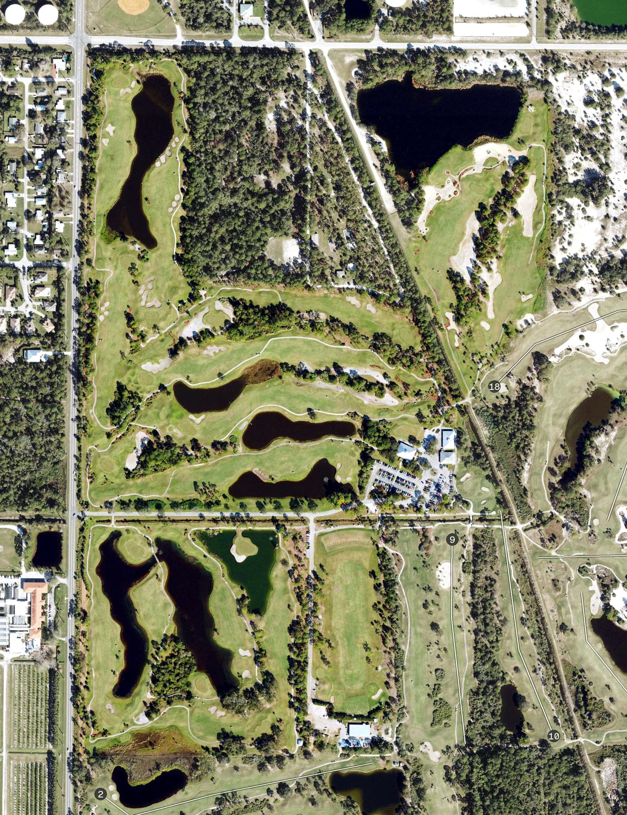 Aerial view of The Lakes Course At Sandridge, FL, with its hole routing marked