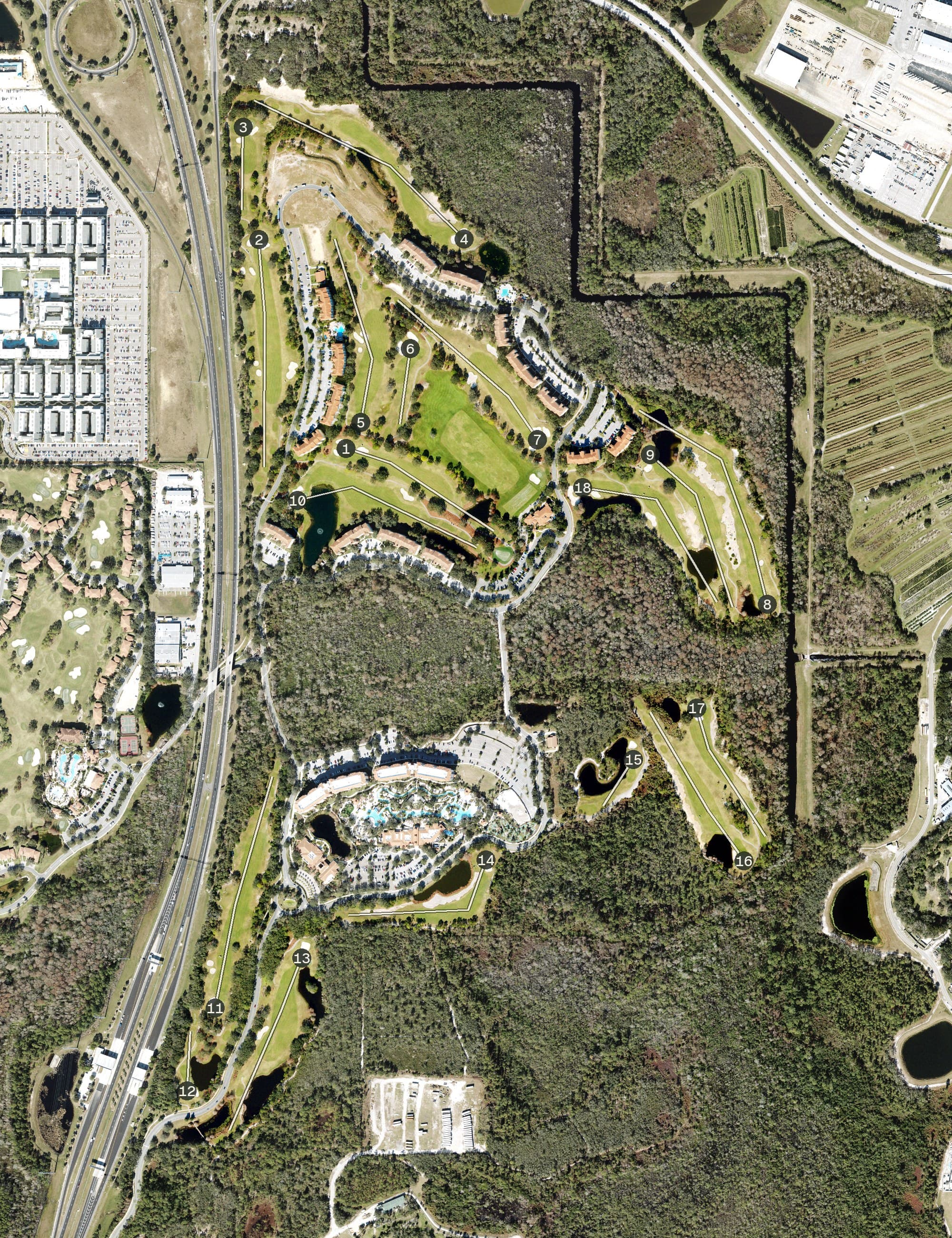 Aerial view of The Legends, FL, with its hole routing marked