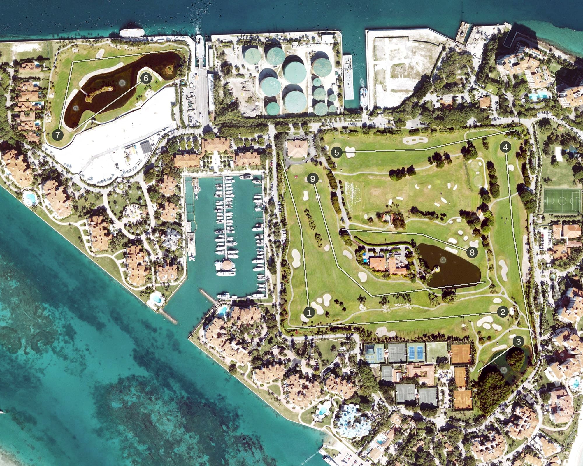 Aerial view of The Links at Fisher Island, FL, with its hole routing marked