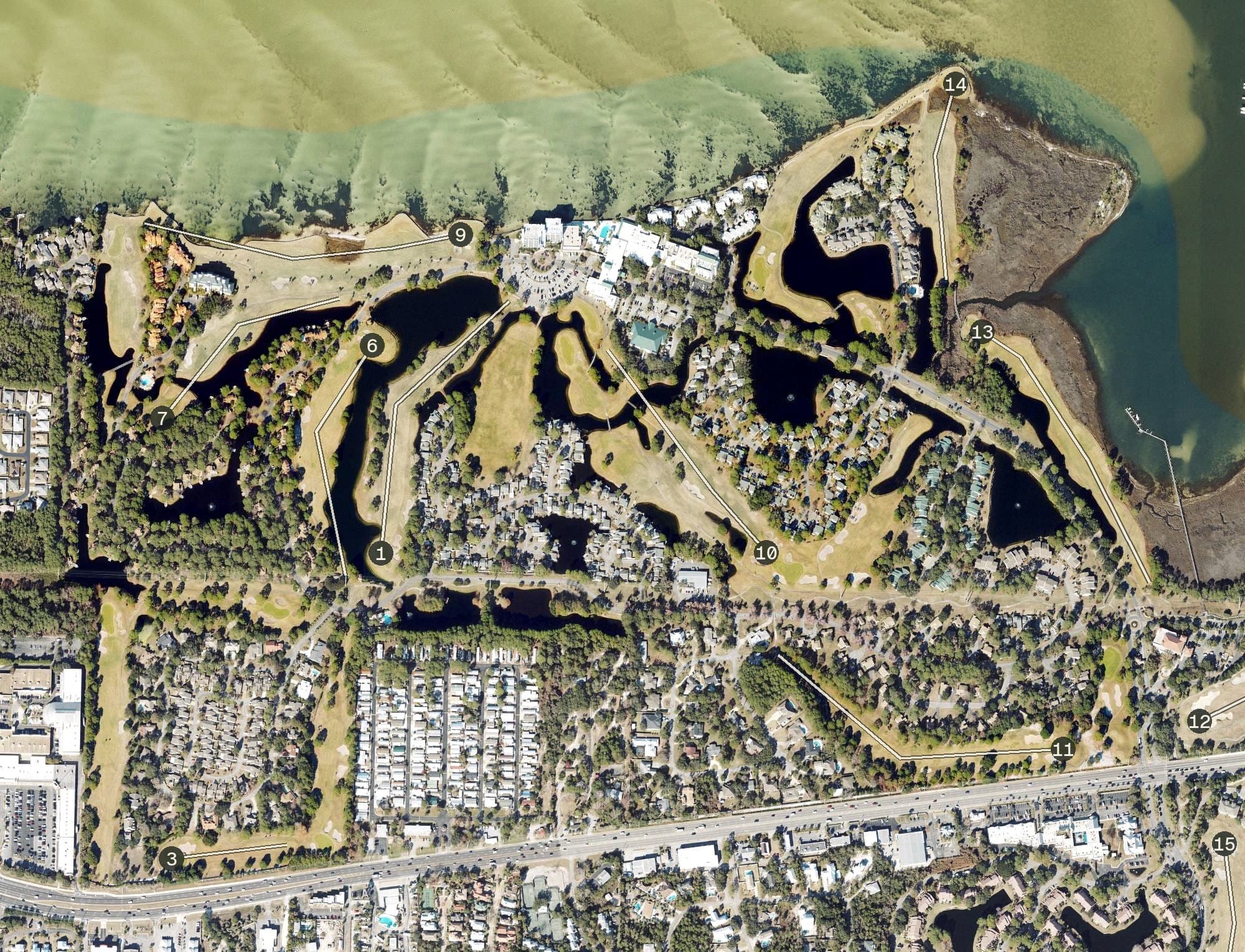 Aerial view of The Links Golf Club, FL, with its hole routing marked