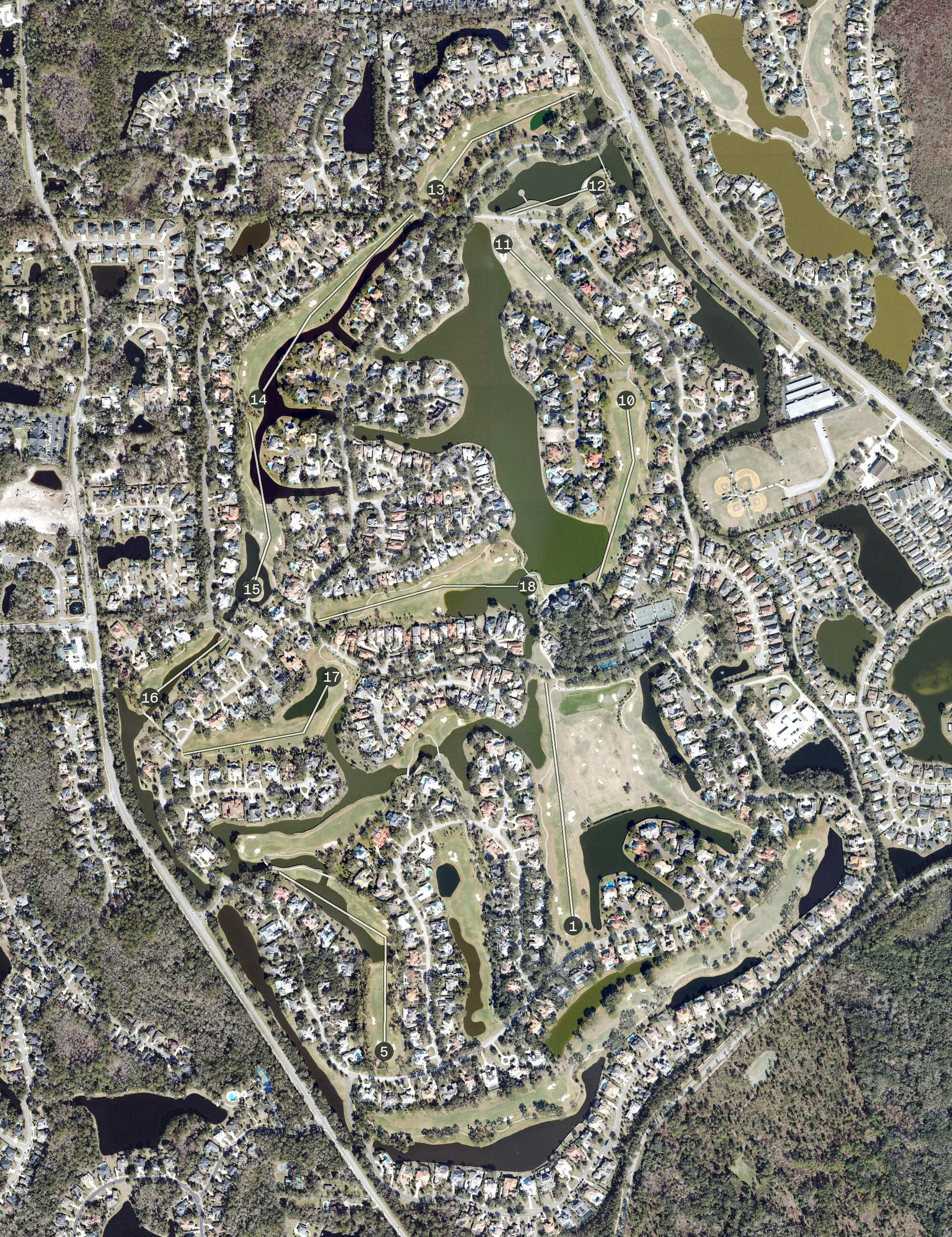 Aerial view of The Plantation at Ponte Vedra Beach, FL, with its hole routing marked