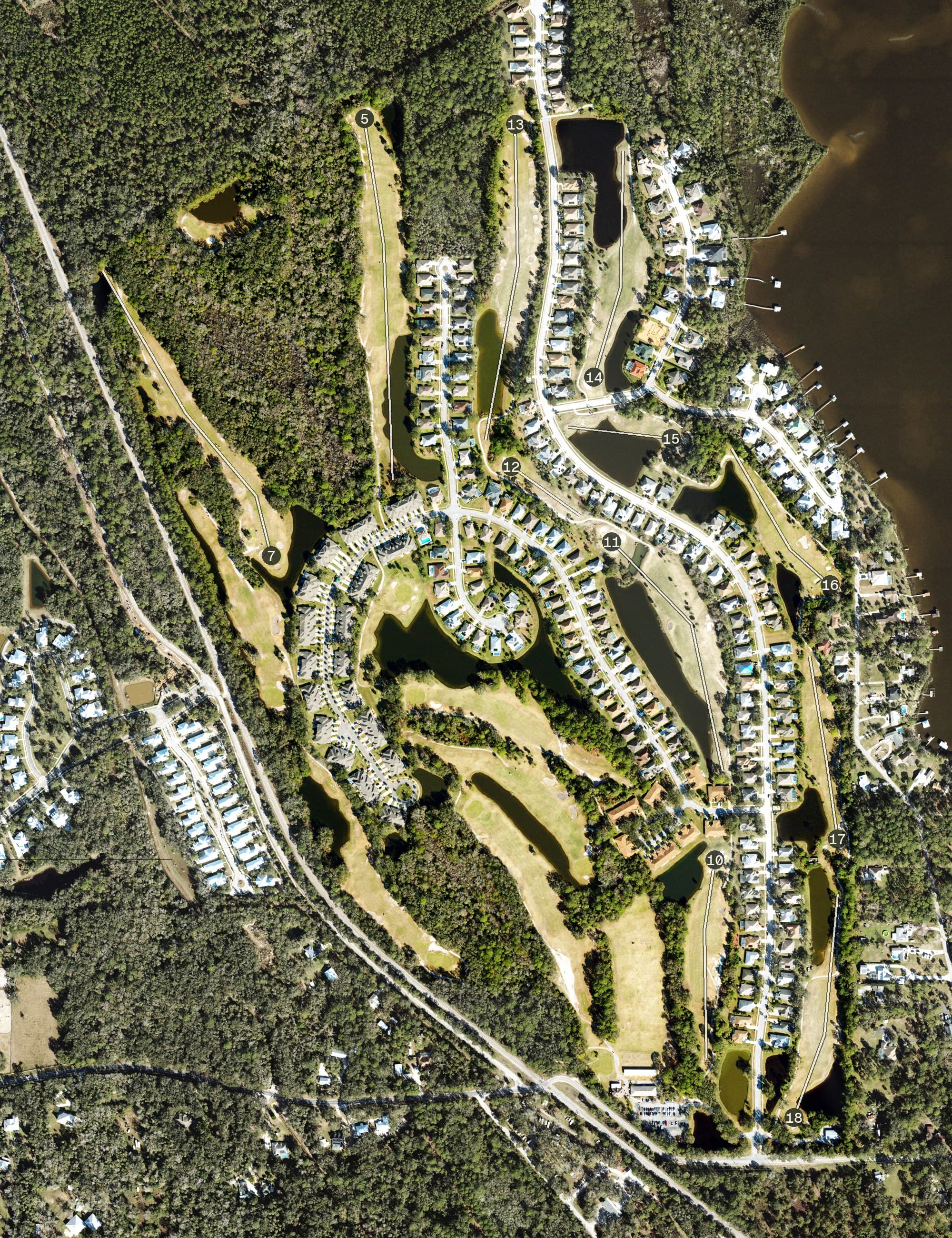 Aerial view of The Preserve at Turnbull Bay, FL, with its hole routing marked