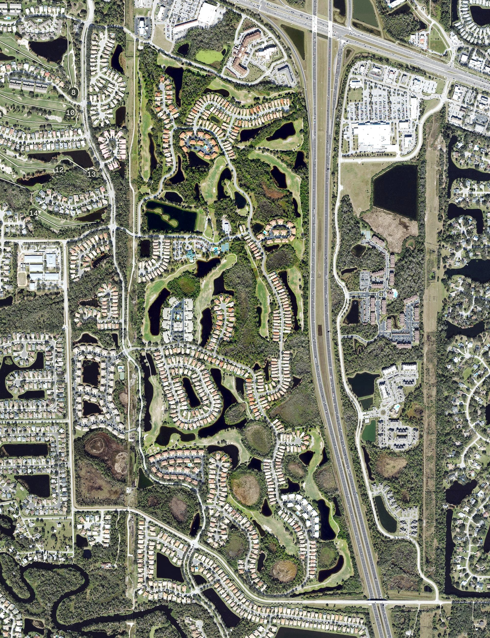 Aerial view of The Preserve Golf Club, FL, with its hole routing marked