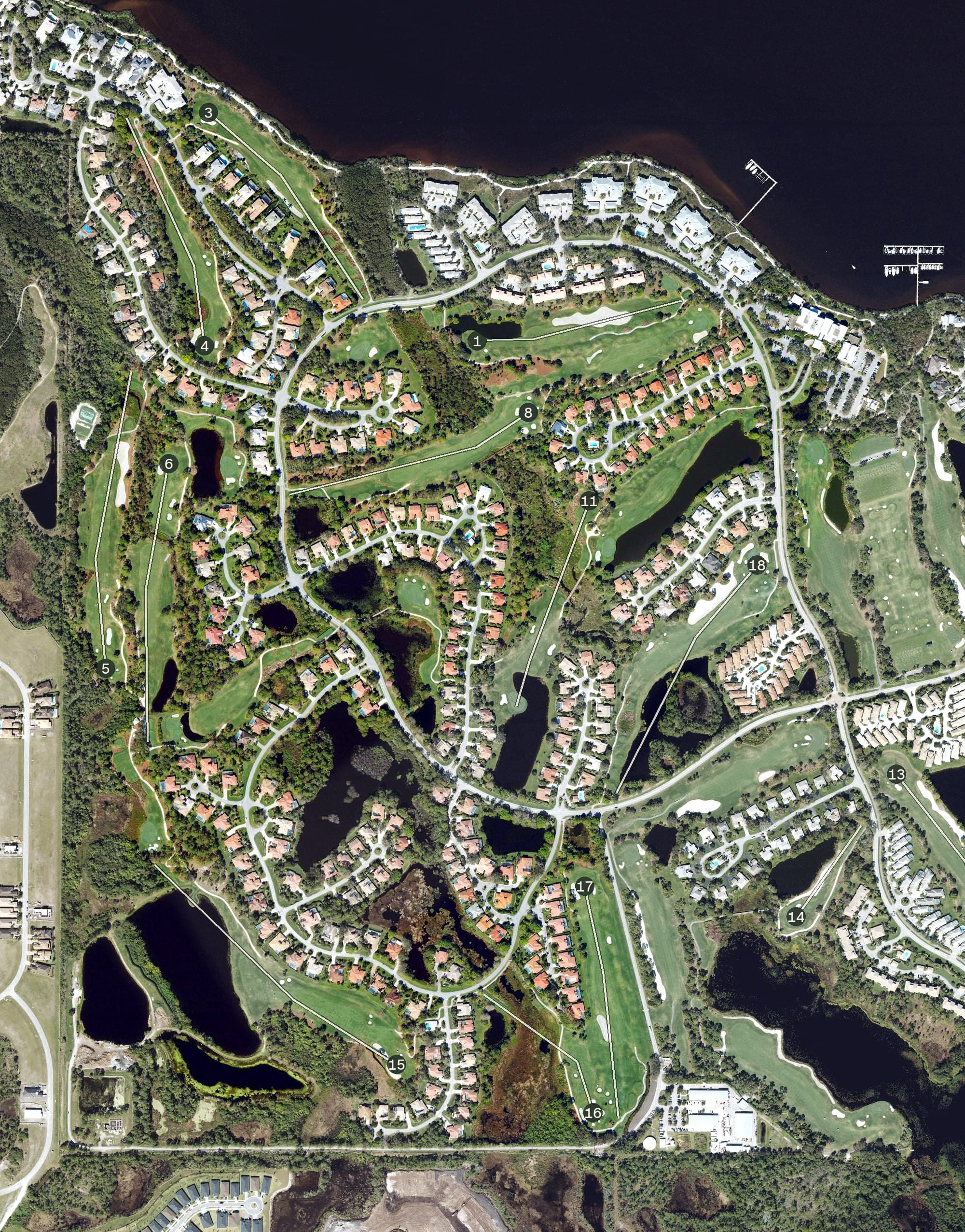 Aerial view of The River Ridge Course, FL, with its hole routing marked