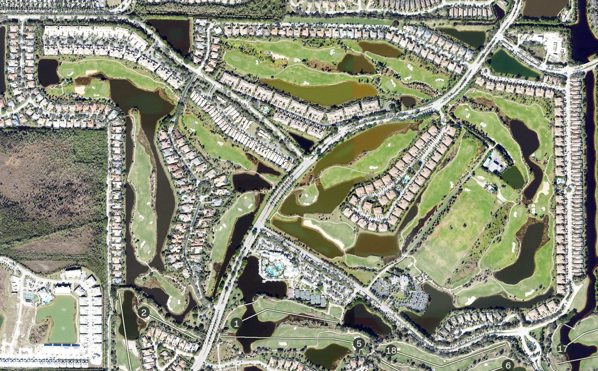 Aerial view of The Rookery, FL, with its hole routing marked