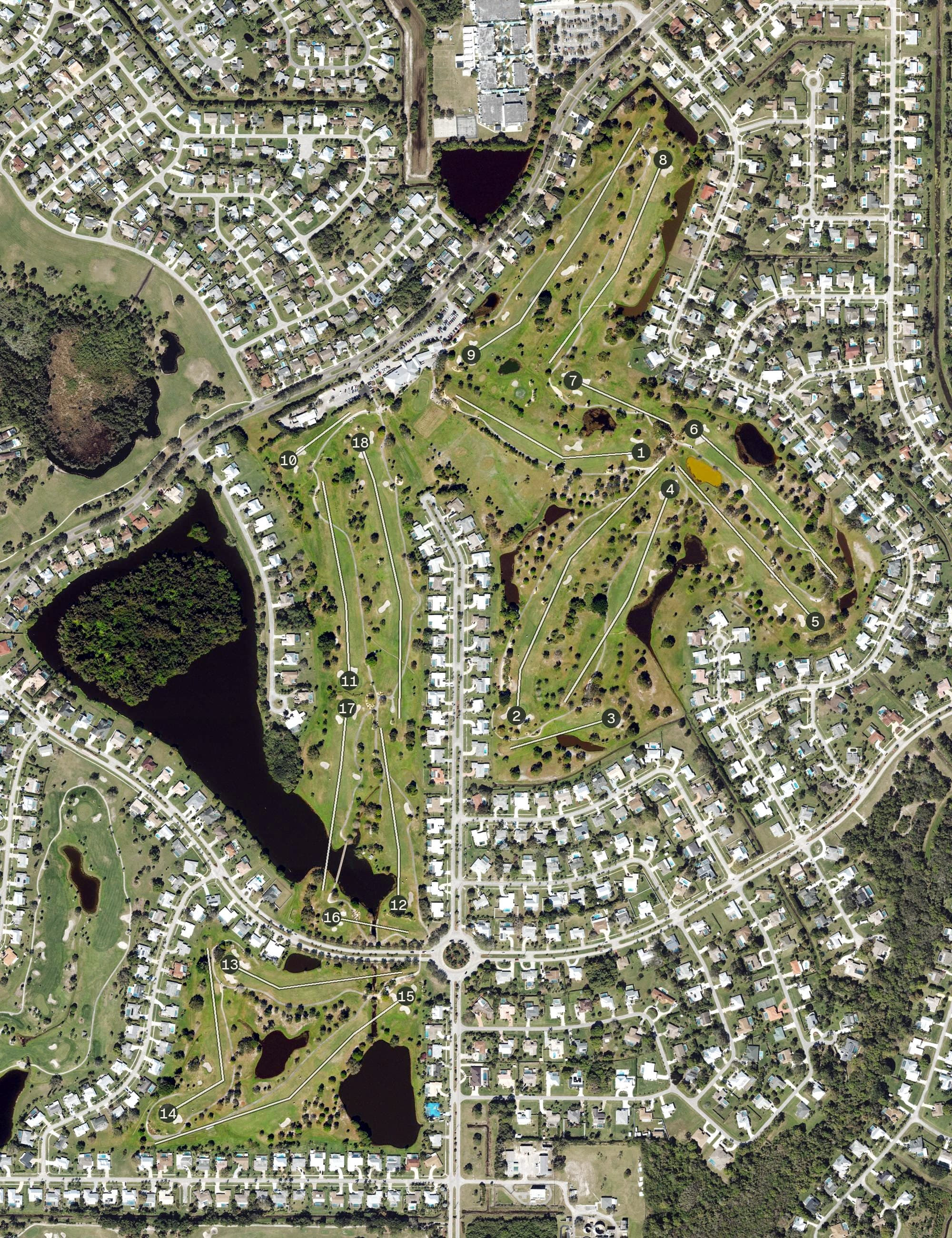 Aerial view of The Saints at Port Saint Lucie Golf Course, FL, with its hole routing marked