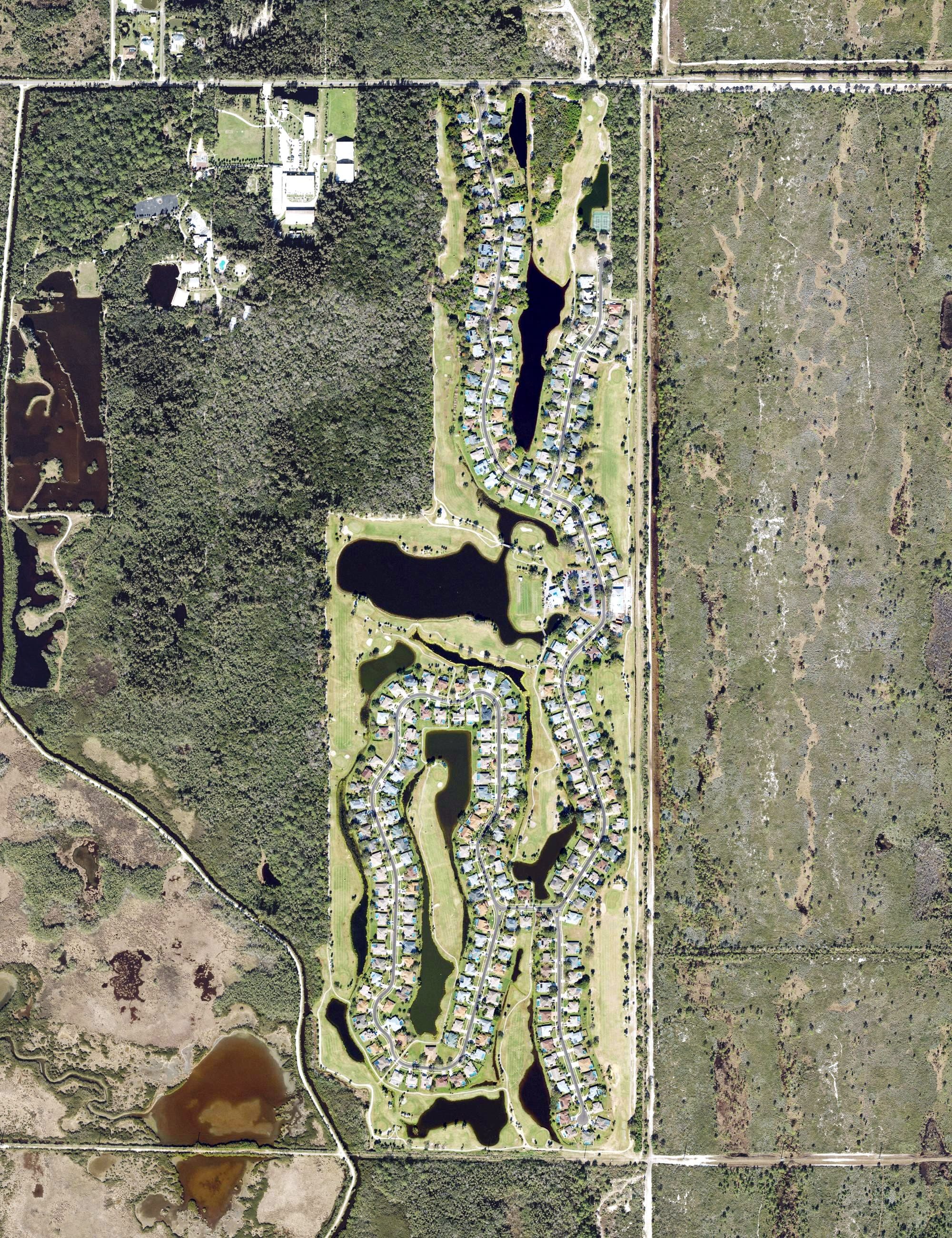 Aerial view of The Savannahs Golf Course, FL, with its hole routing marked