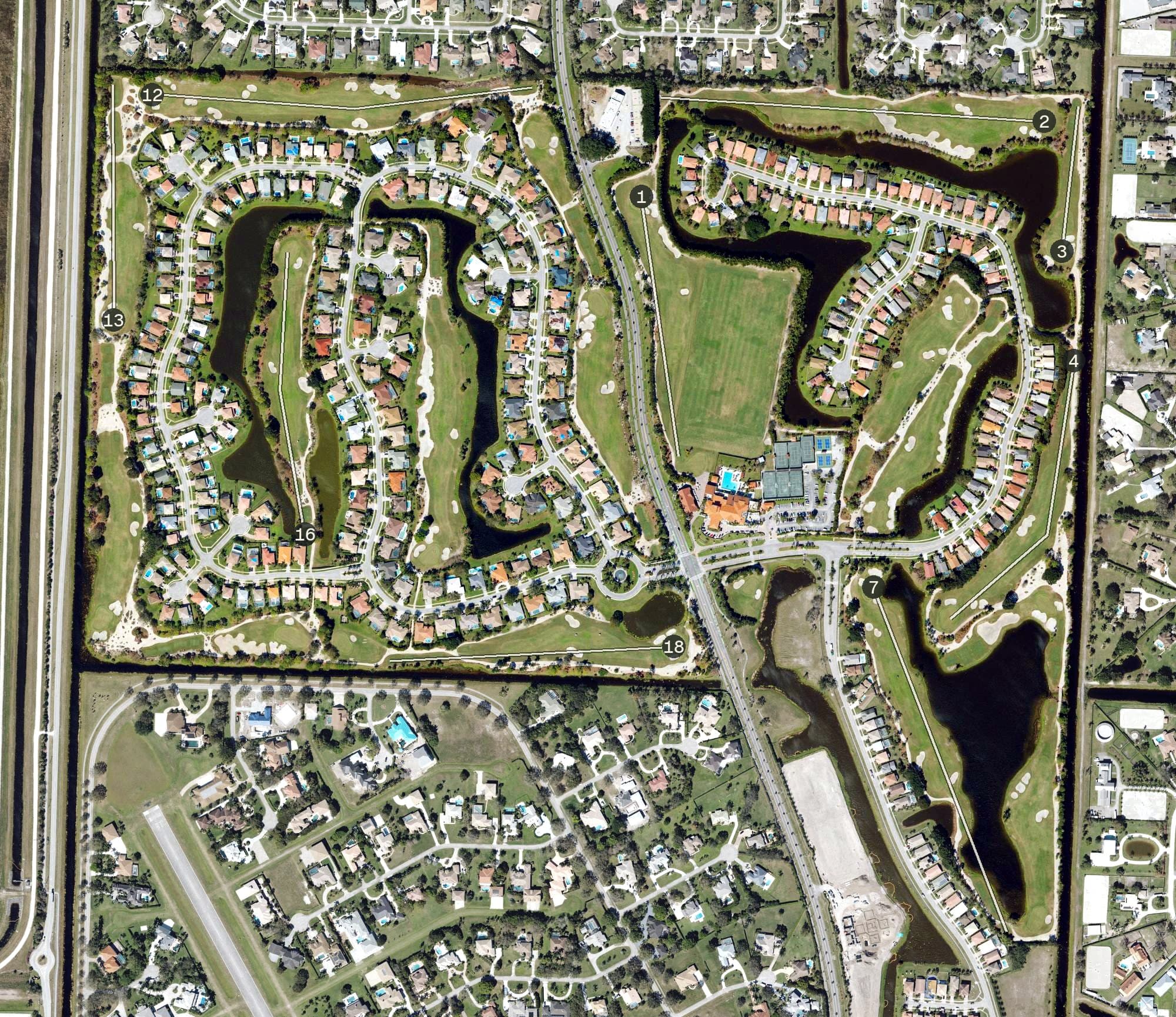 Aerial view of The Wanderers Club, FL, with its hole routing marked