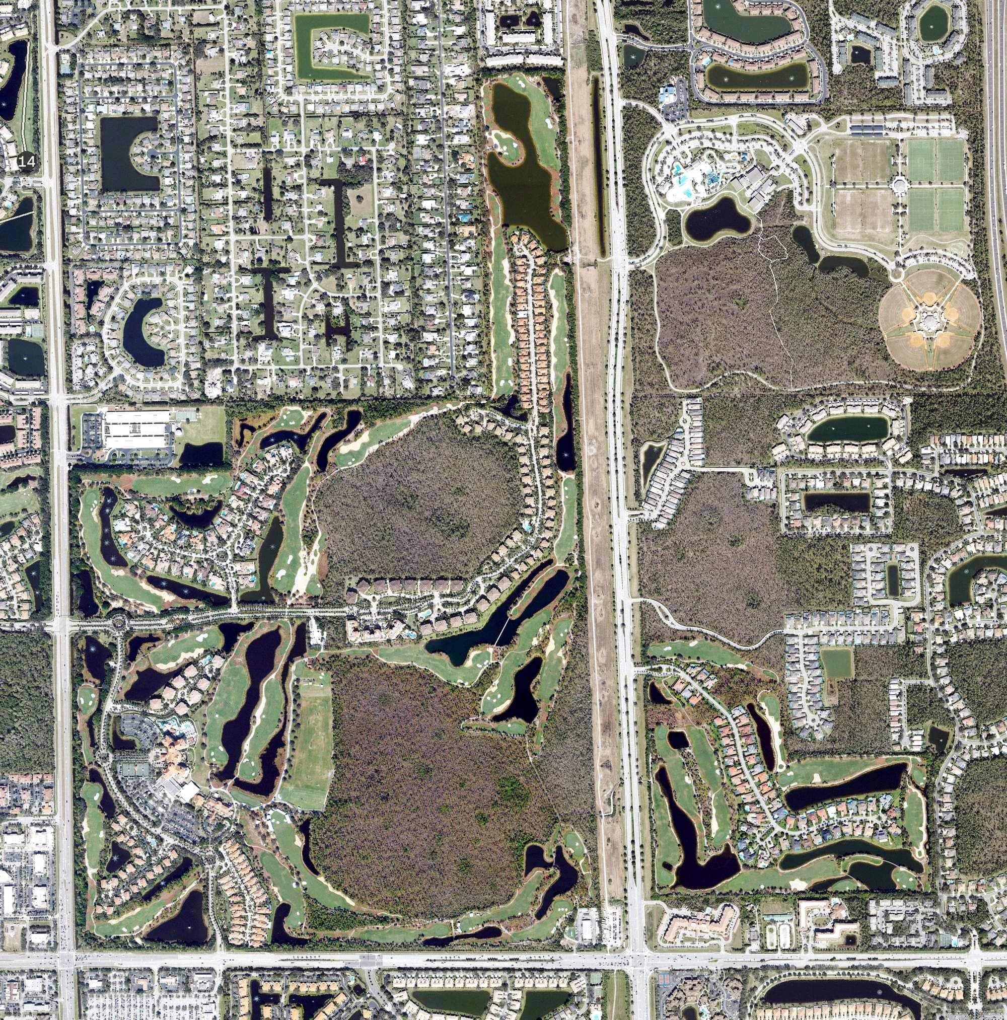 Aerial view of Tiburón Golf Club, FL, with its hole routing marked