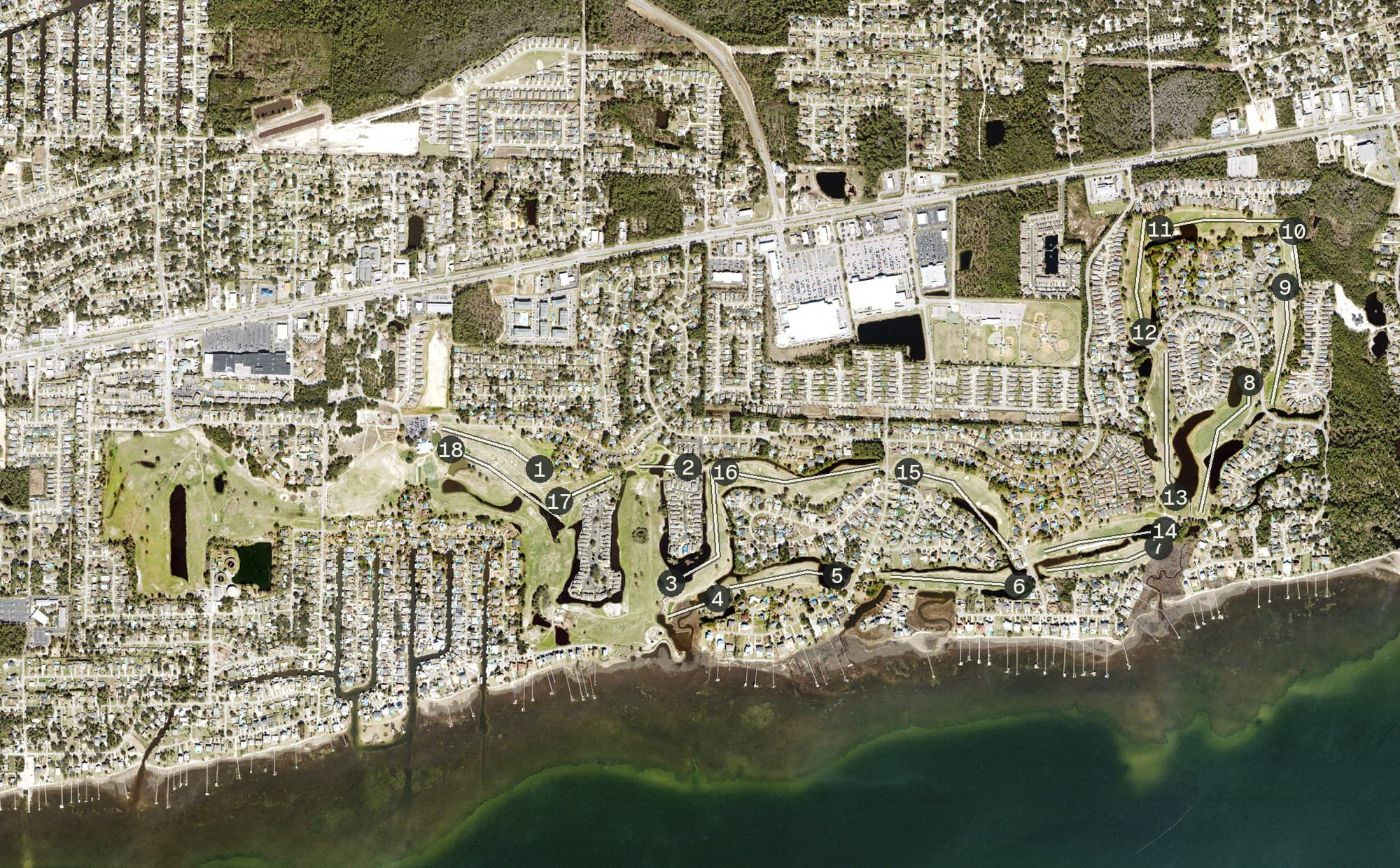 Aerial view of Tiger Point Golf Club, FL, with its hole routing marked