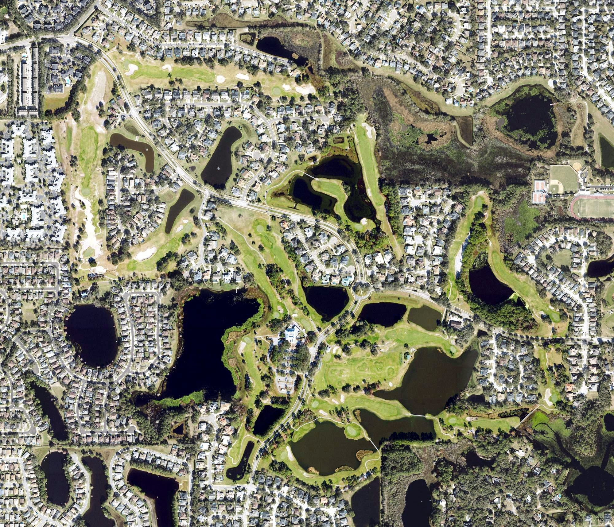 Aerial view of Timacuan Golf Course, FL, with its hole routing marked