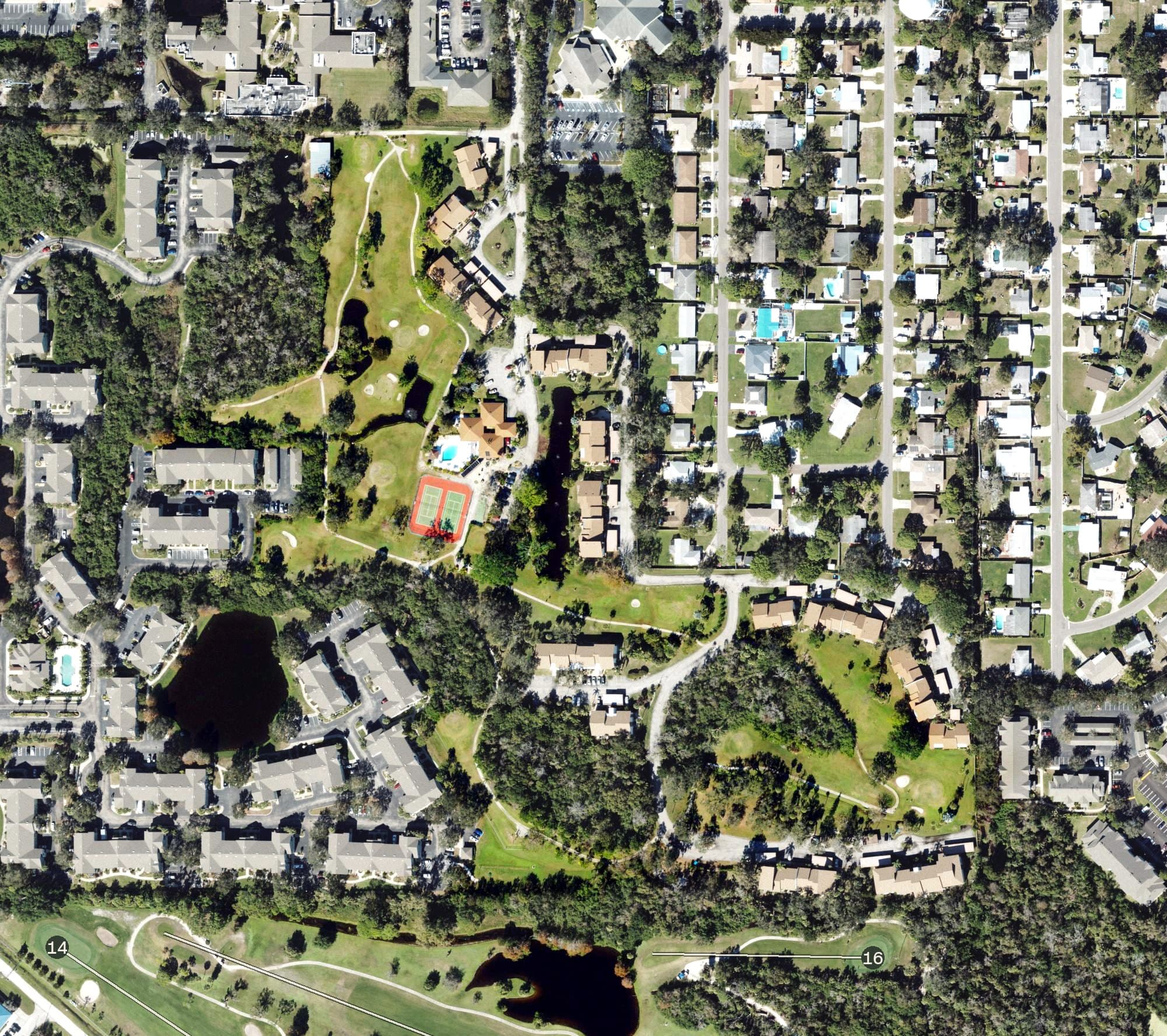 Aerial view of Timber Creek Golf Course, FL, with its hole routing marked