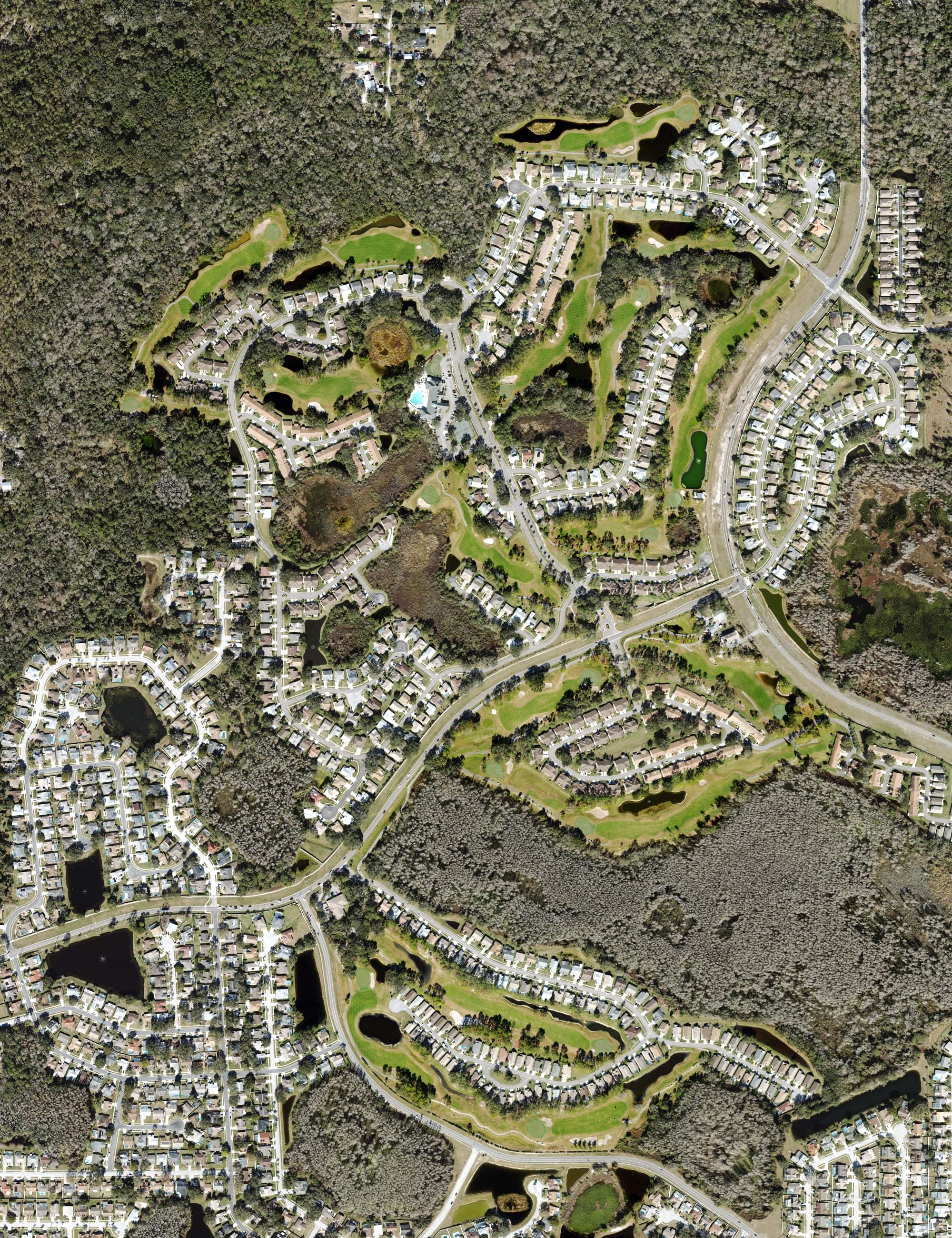 Aerial view of Timber Greens Golf and Country Club, FL, with its hole routing marked