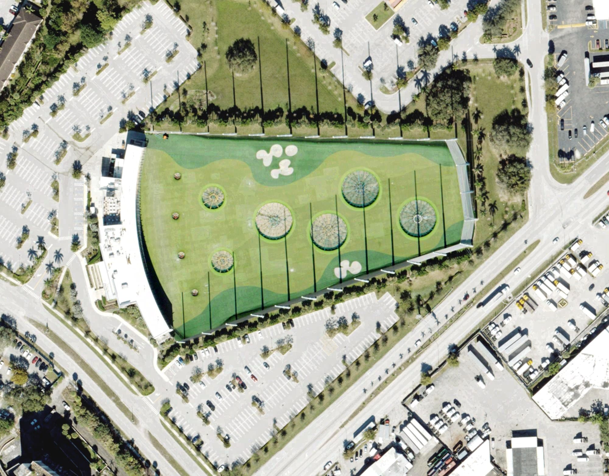 Aerial view of Topgolf Miami Gardens, FL, with its hole routing marked
