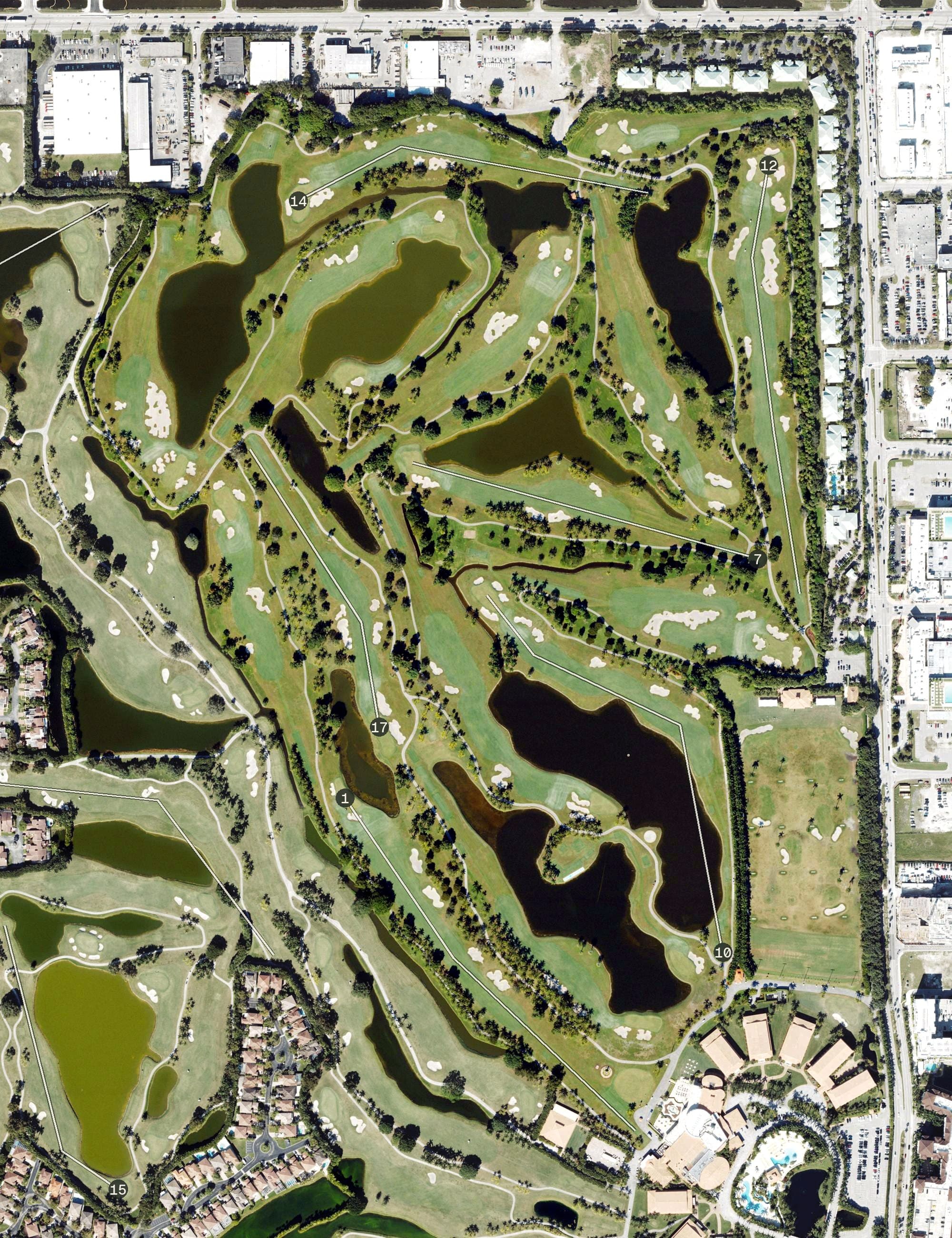 Aerial view of TPC Blue Monster, FL, with its hole routing marked
