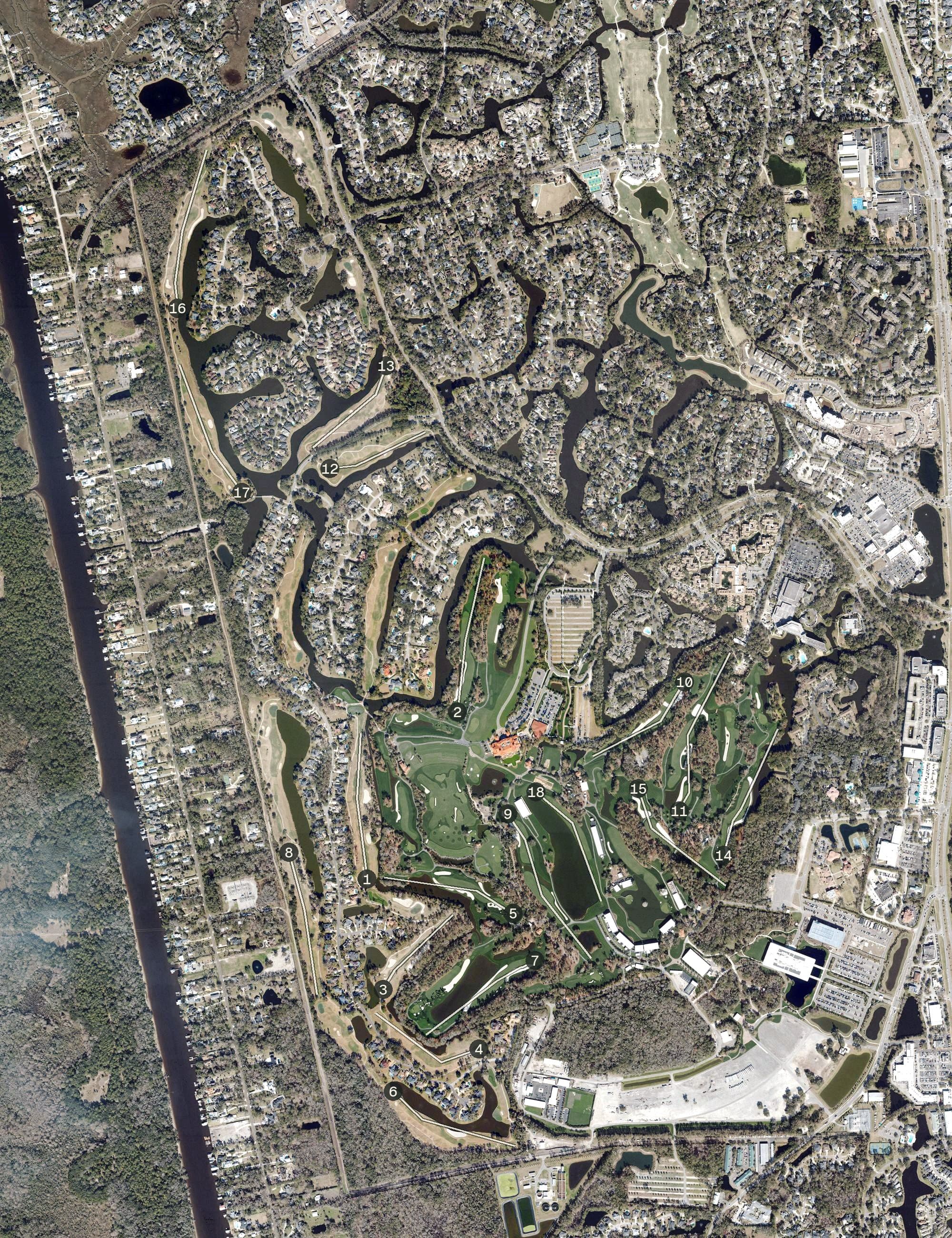 Aerial view of TPC Sawgrass, FL, with its hole routing marked