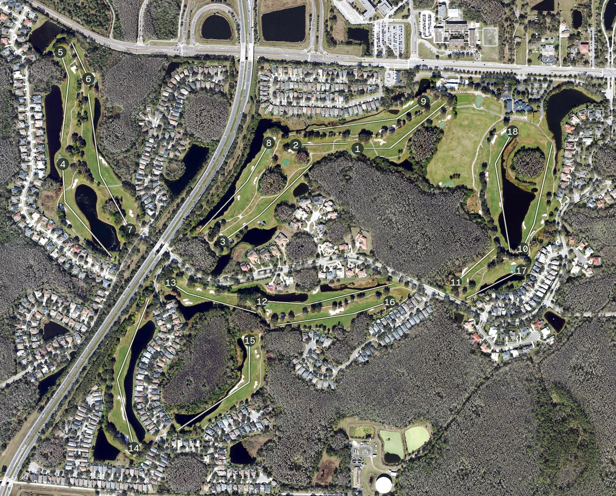 Aerial view of TPC Tampa Bay, FL, with its hole routing marked