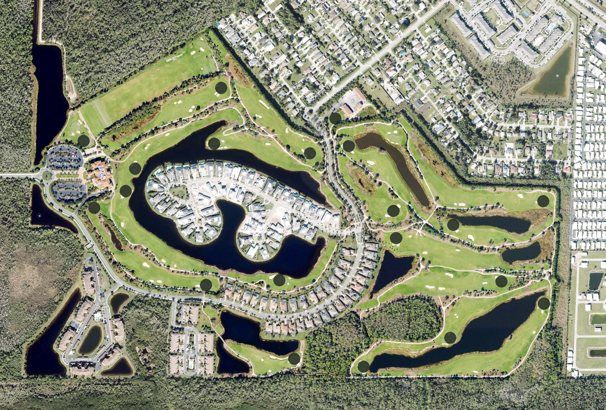 Aerial view of TPC Treviso Bay, FL, with its hole routing marked