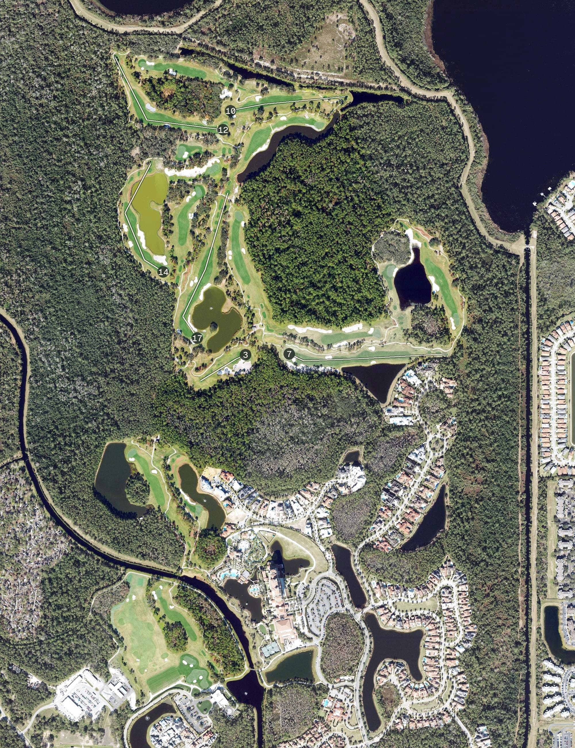 Aerial view of Tranquilo Golf Course, FL, with its hole routing marked