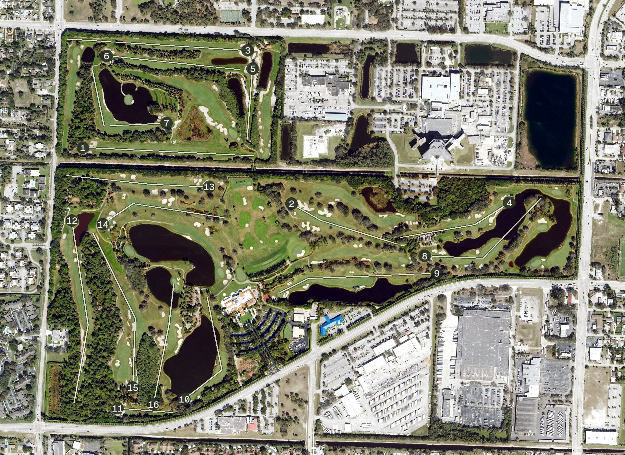 Aerial view of Trump International Golf Club, FL, with its hole routing marked