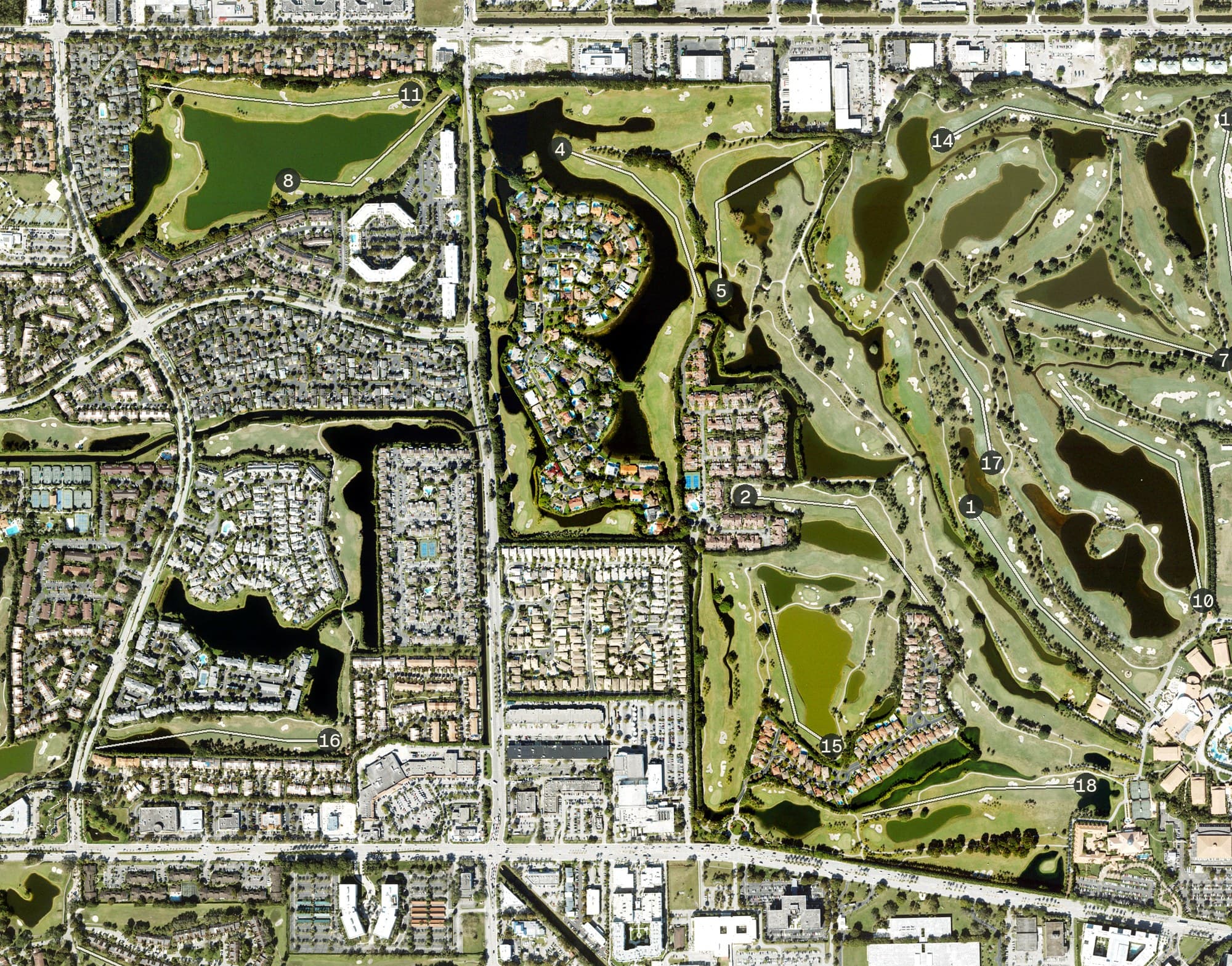 Aerial view of Trump National Doral, FL, with its hole routing marked