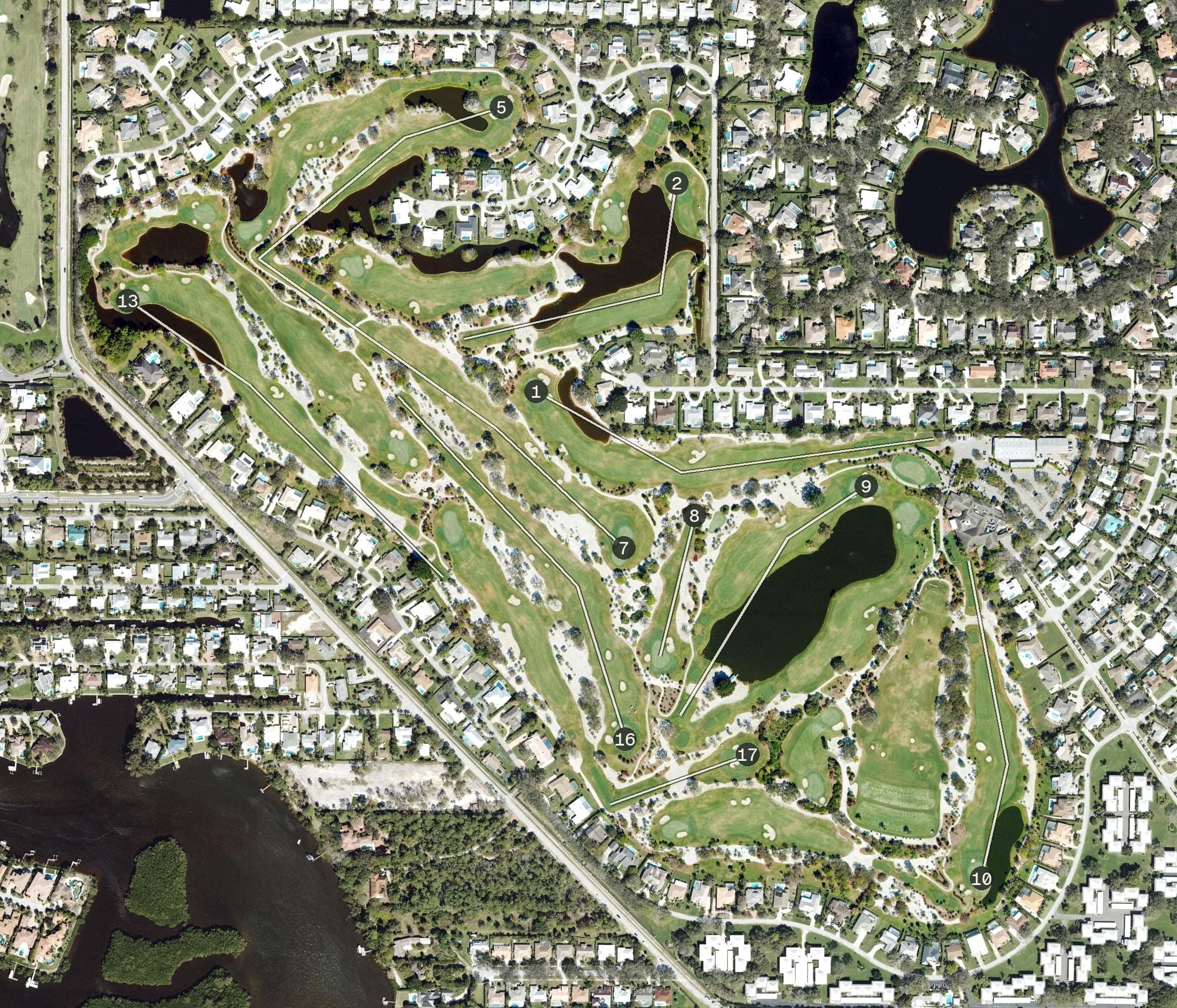 Aerial view of Turtle Creek Club, FL, with its hole routing marked