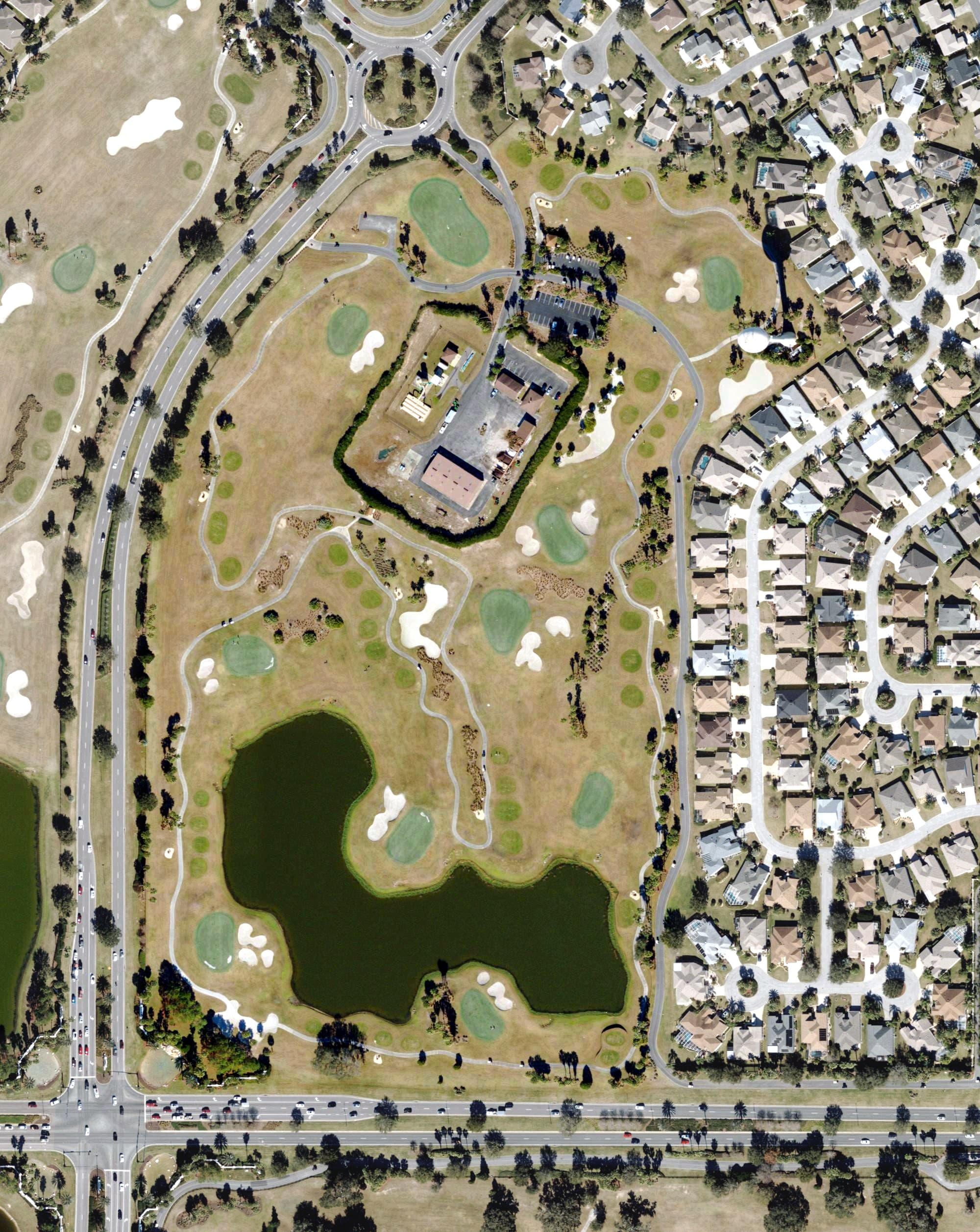 Aerial view of Turtle Mound Golf Course (The Villages), FL, with its hole routing marked