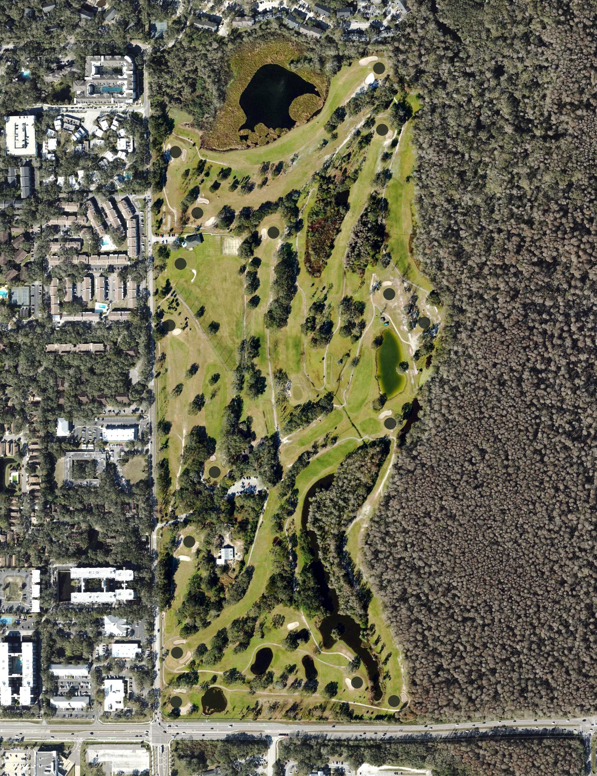 Aerial view of USF The Claw Golf Course, FL, with its hole routing marked