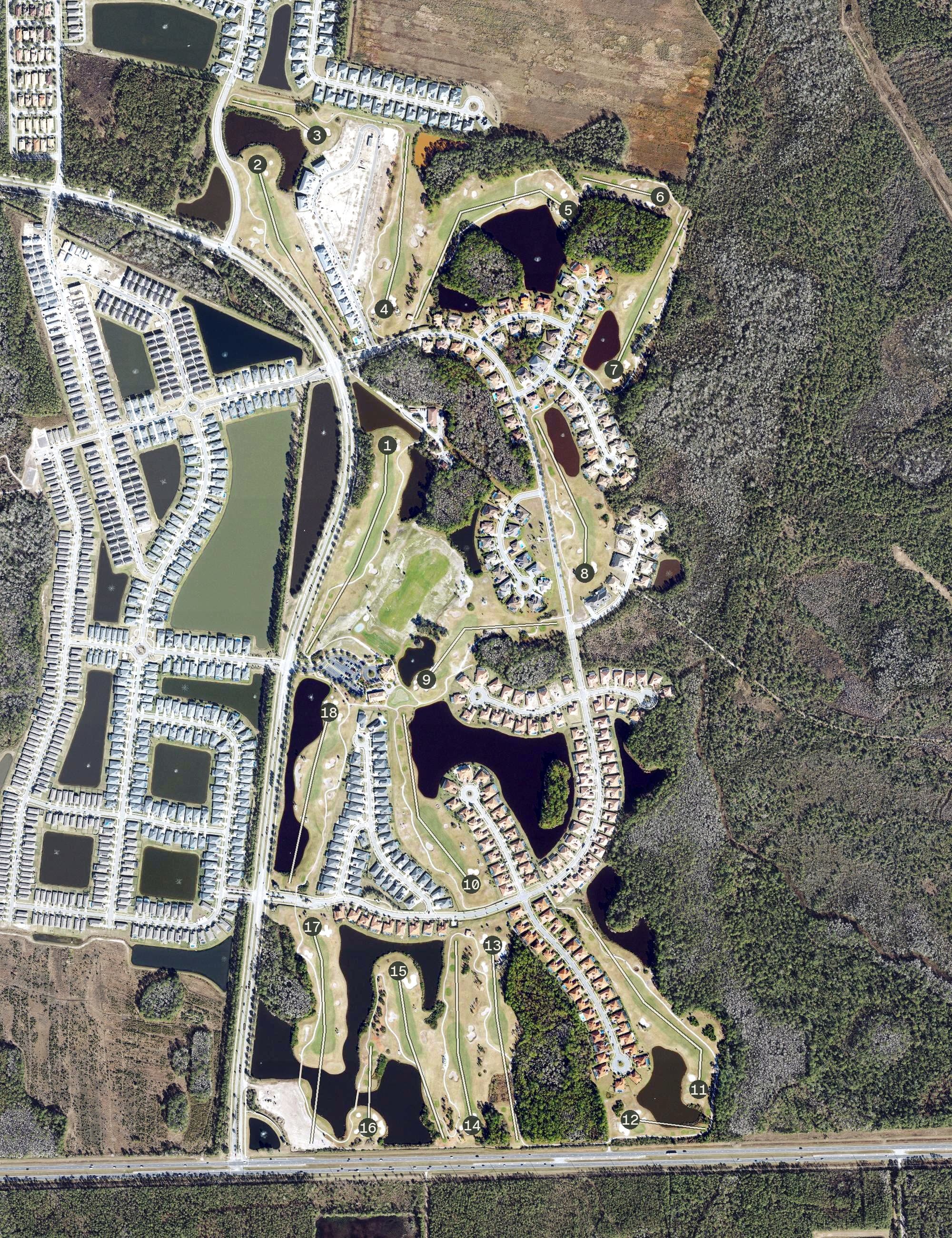 Aerial view of Venetian Bay Golf Club, FL, with its hole routing marked