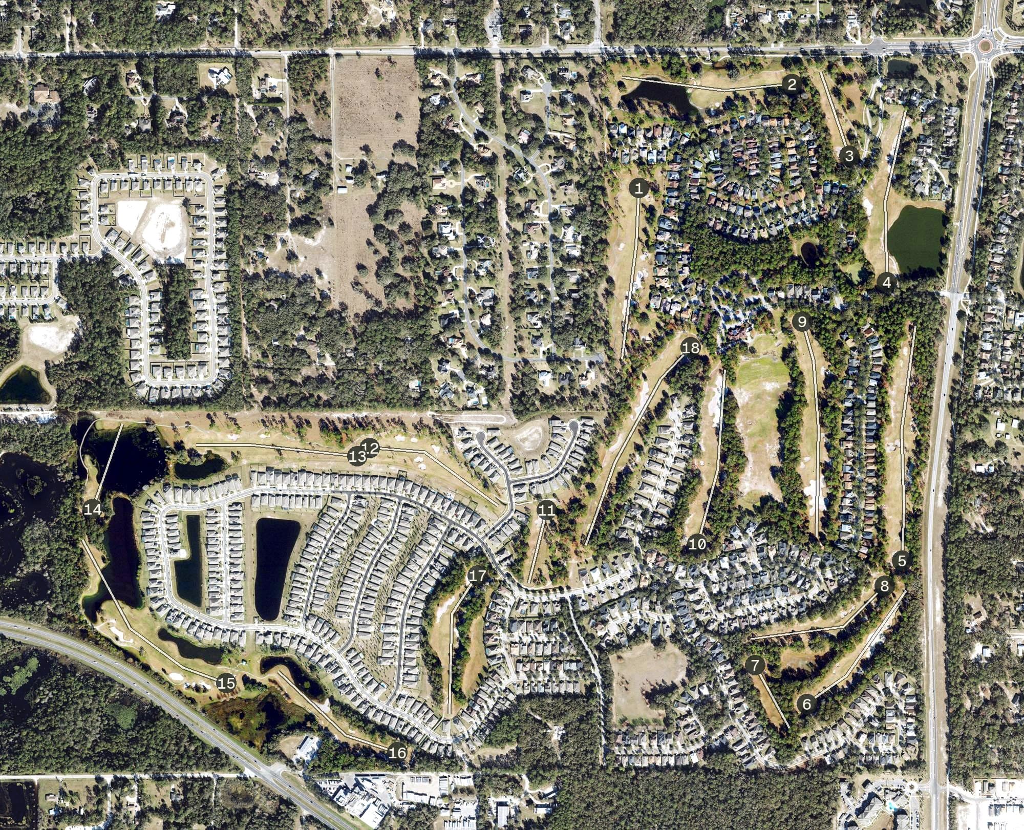 Aerial view of Victoria Hills Golf Club, FL, with its hole routing marked