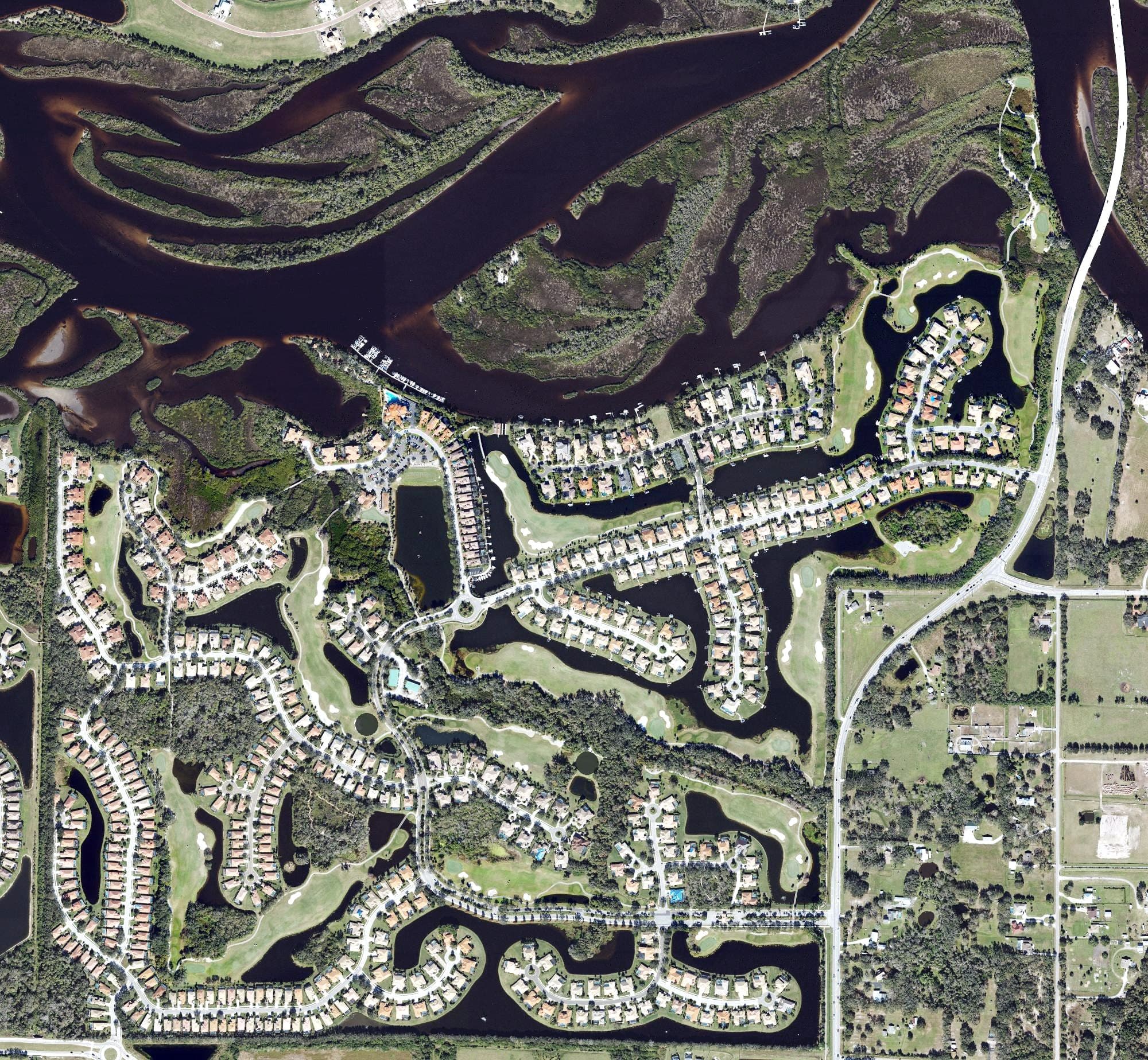 Aerial view of Waterlefe Golf Club, FL, with its hole routing marked