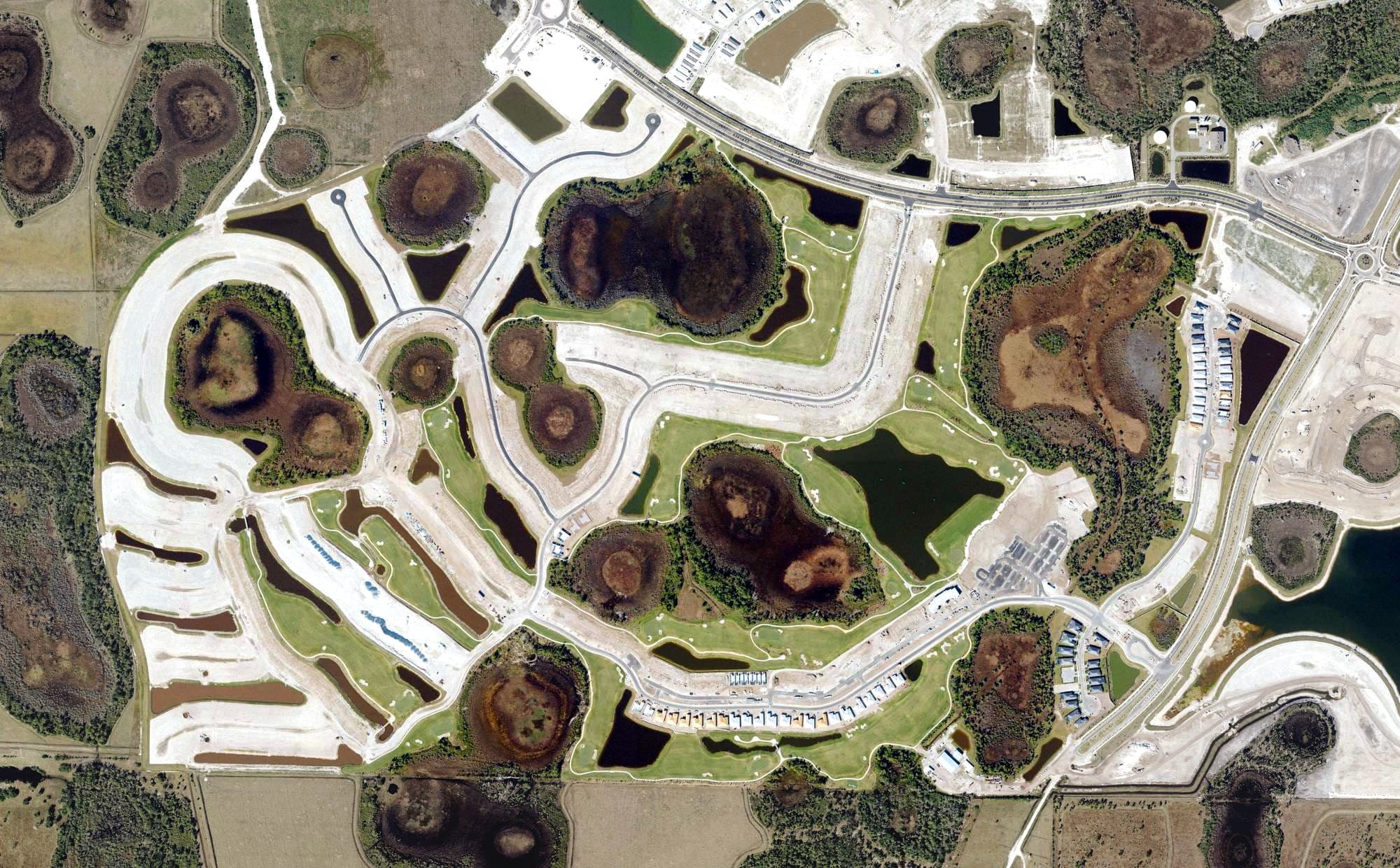 Aerial view of Wellen Park Golf & Country Club, FL, with its hole routing marked