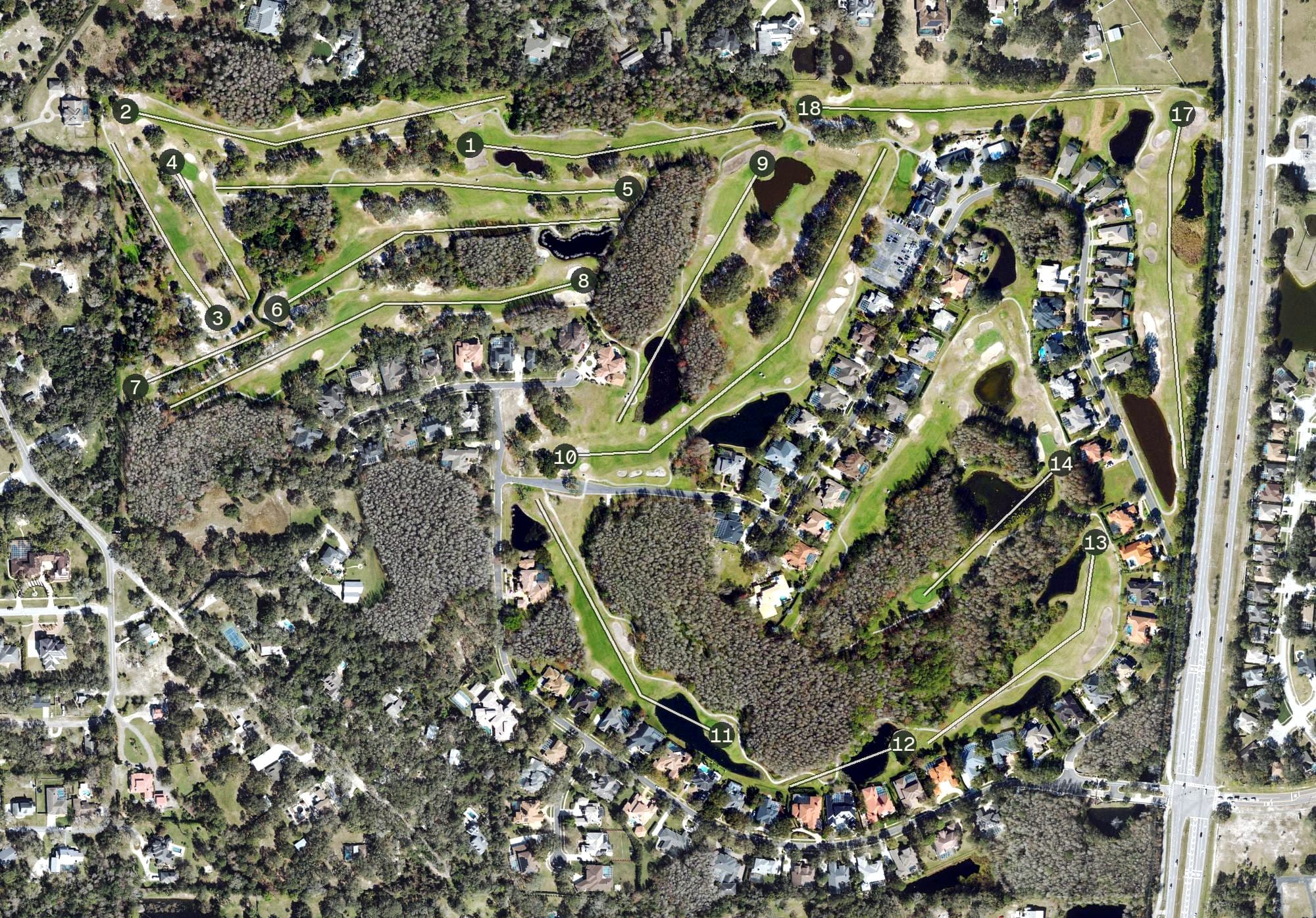 Aerial view of Wentworth Golf Club, FL, with its hole routing marked