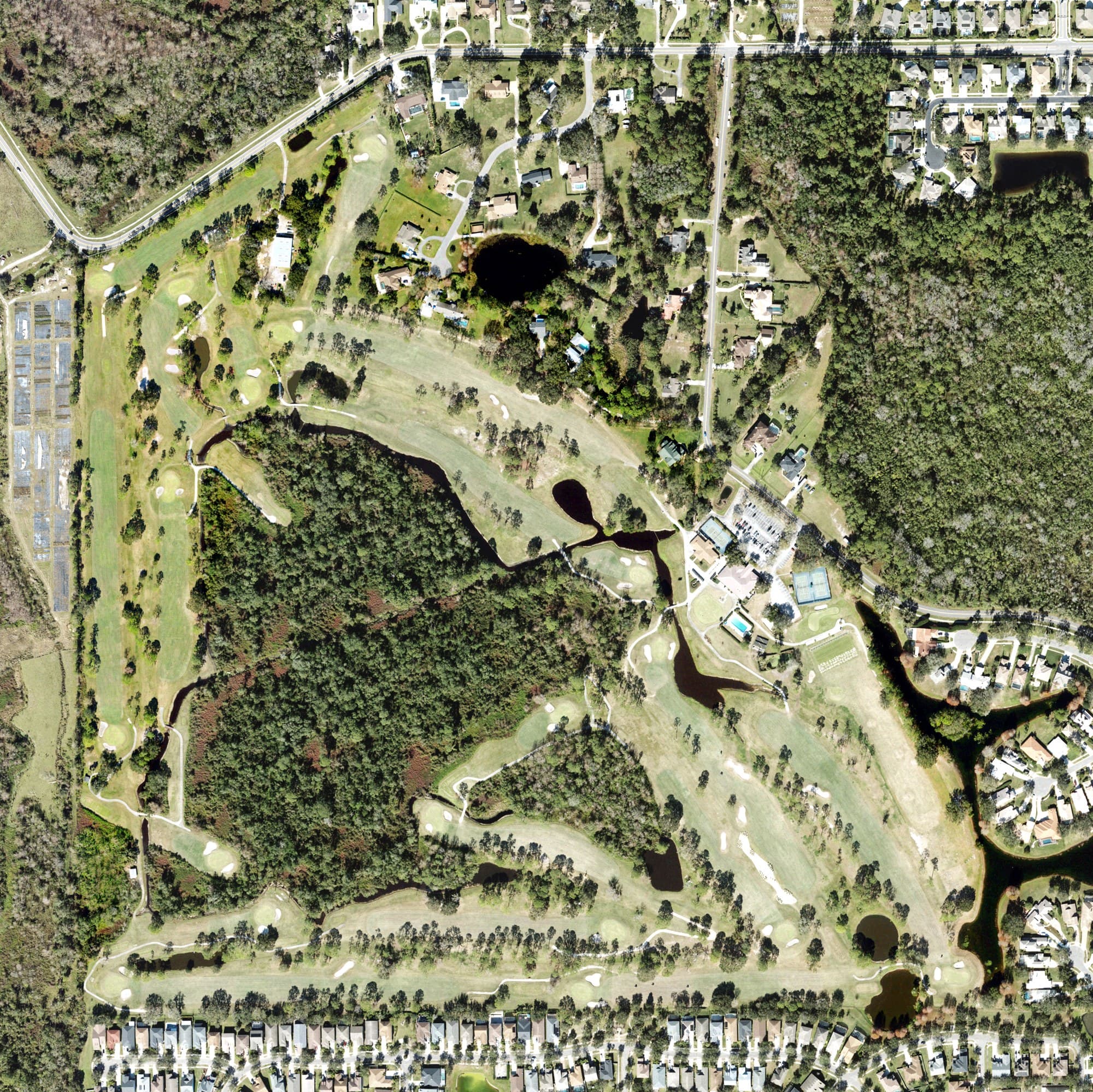 Aerial view of West Orange Country Club, FL, with its hole routing marked