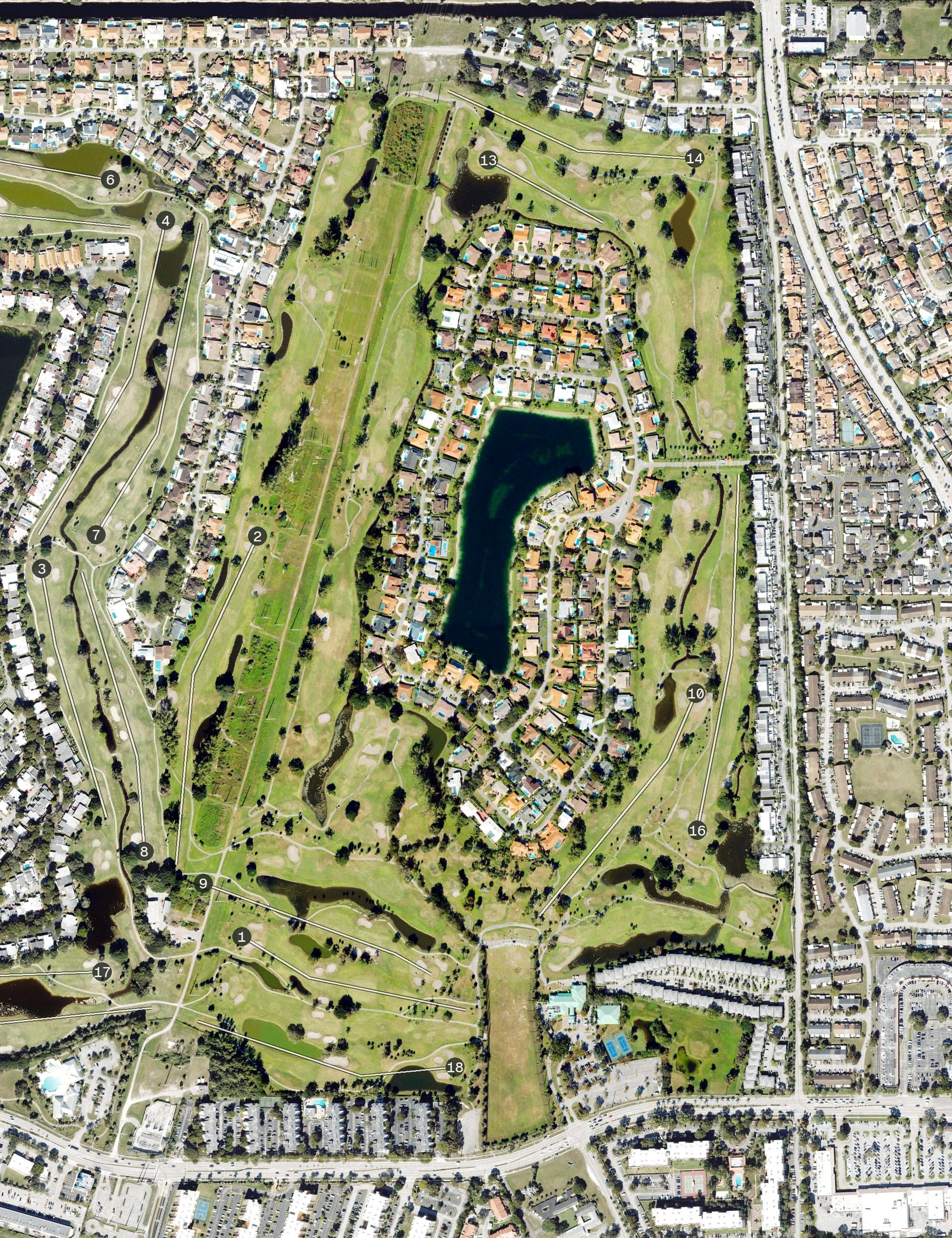 Aerial view of West, FL, with its hole routing marked