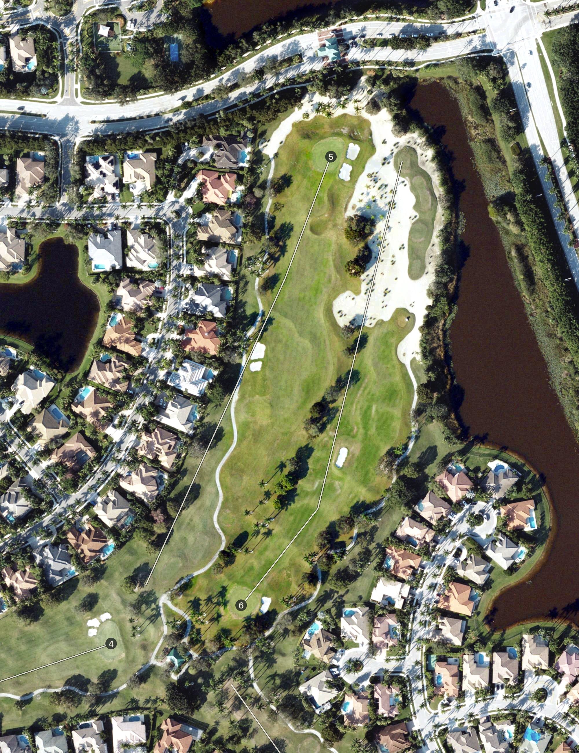 Aerial view of Weston Hills Country Club Golf Course, FL, with its hole routing marked