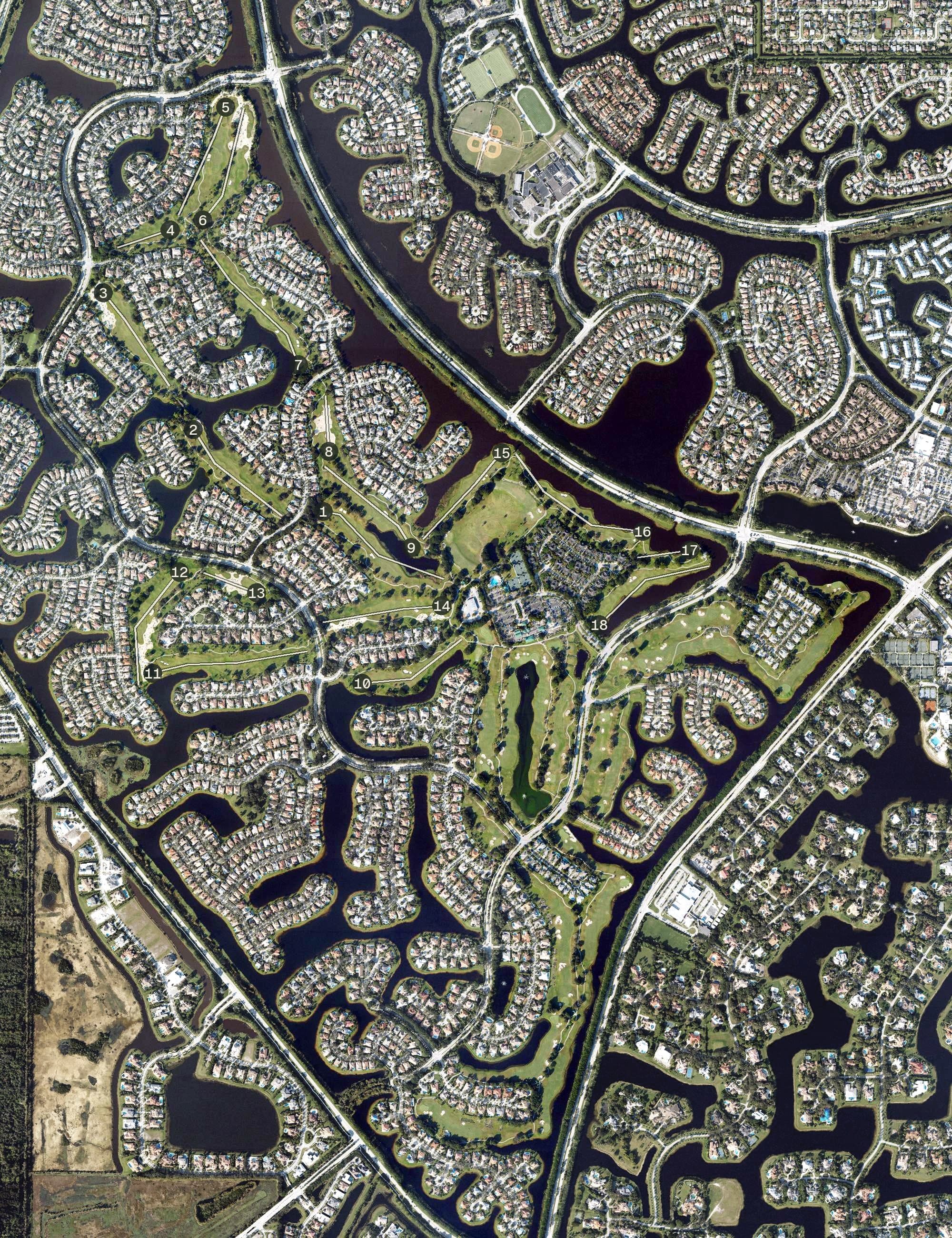 Aerial view of Weston Hills Golf Course, FL, with its hole routing marked