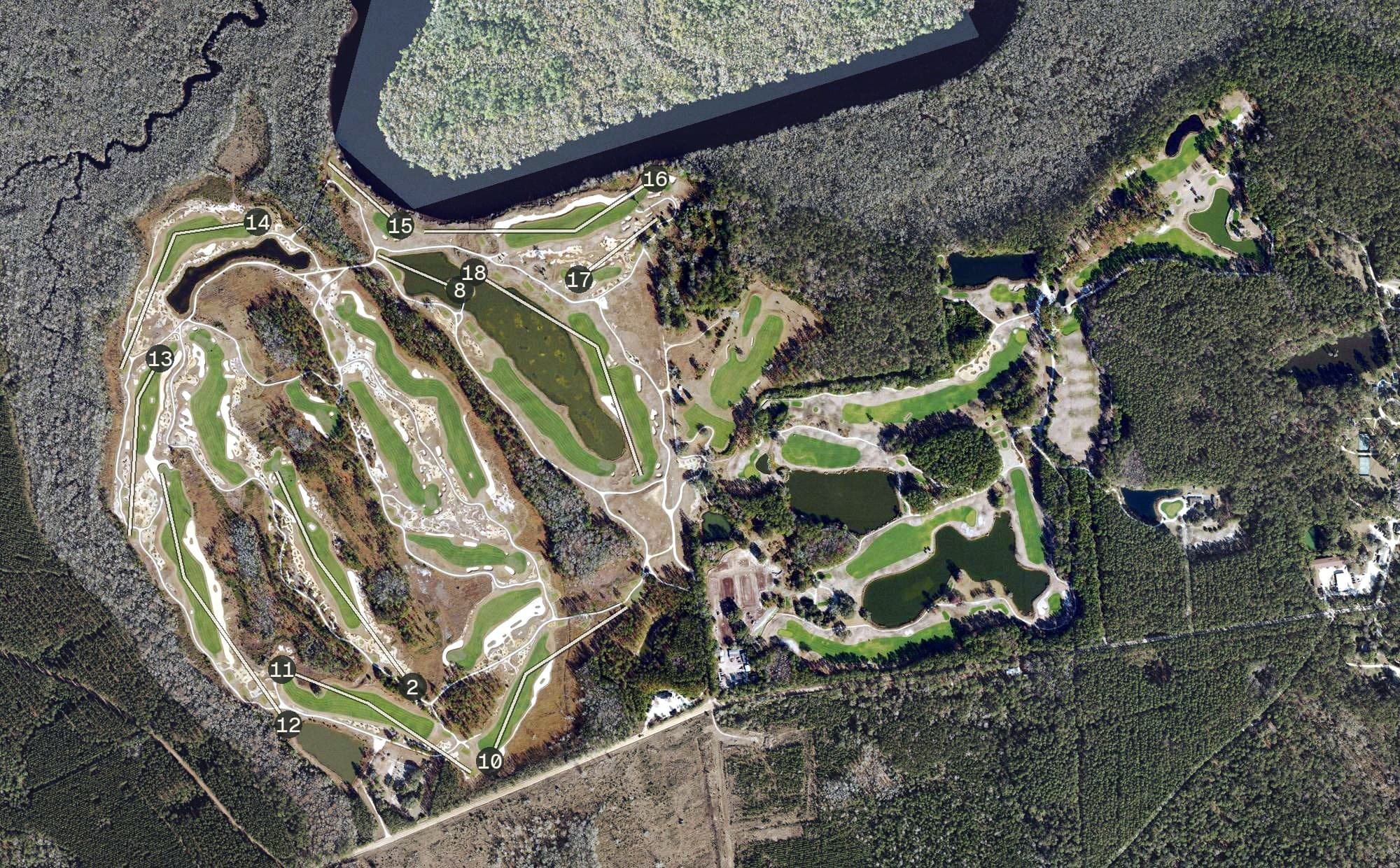 Aerial view of White Oak Plantation, FL, with its hole routing marked