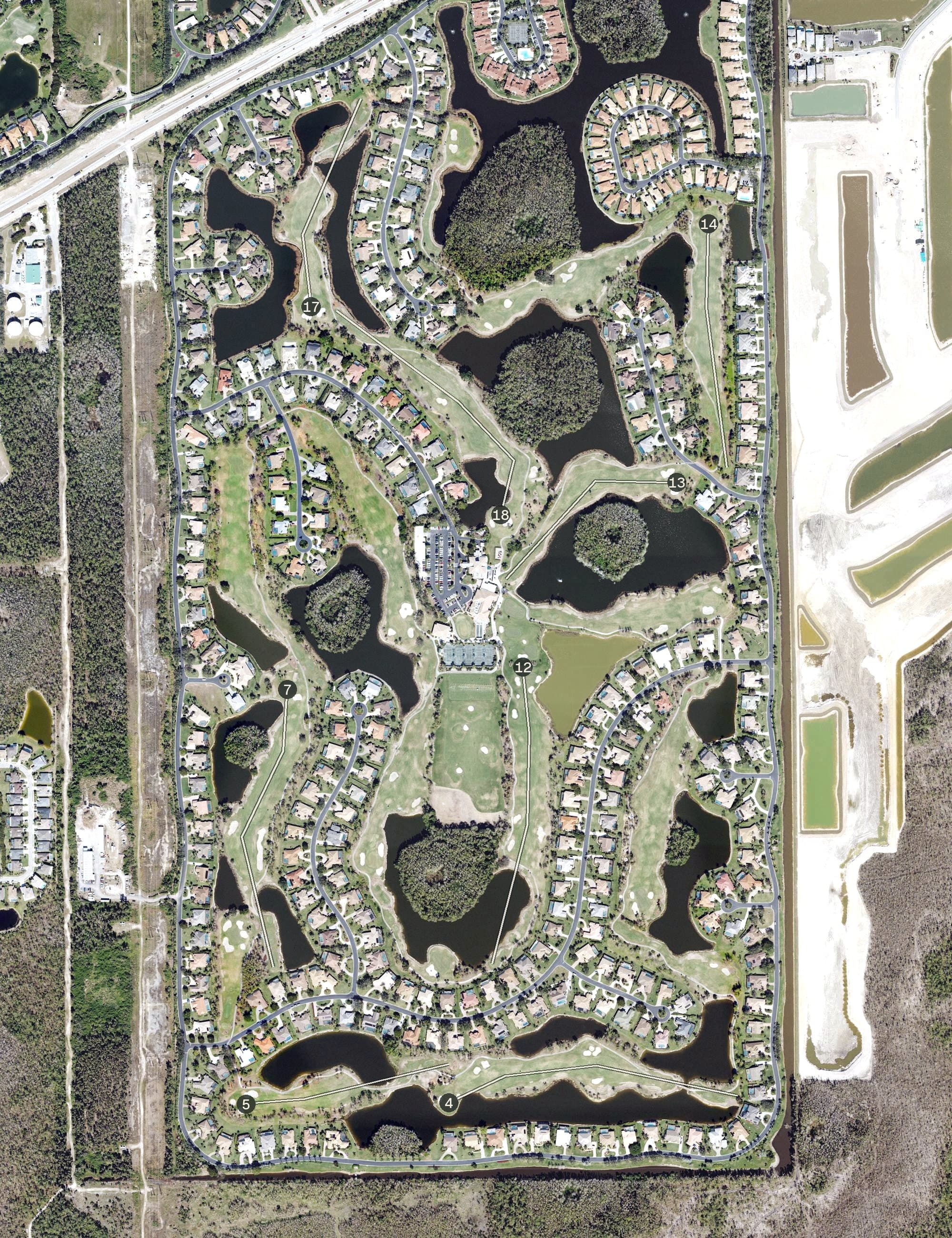 Aerial view of Wildcat Run Golf and Country Club, FL, with its hole routing marked