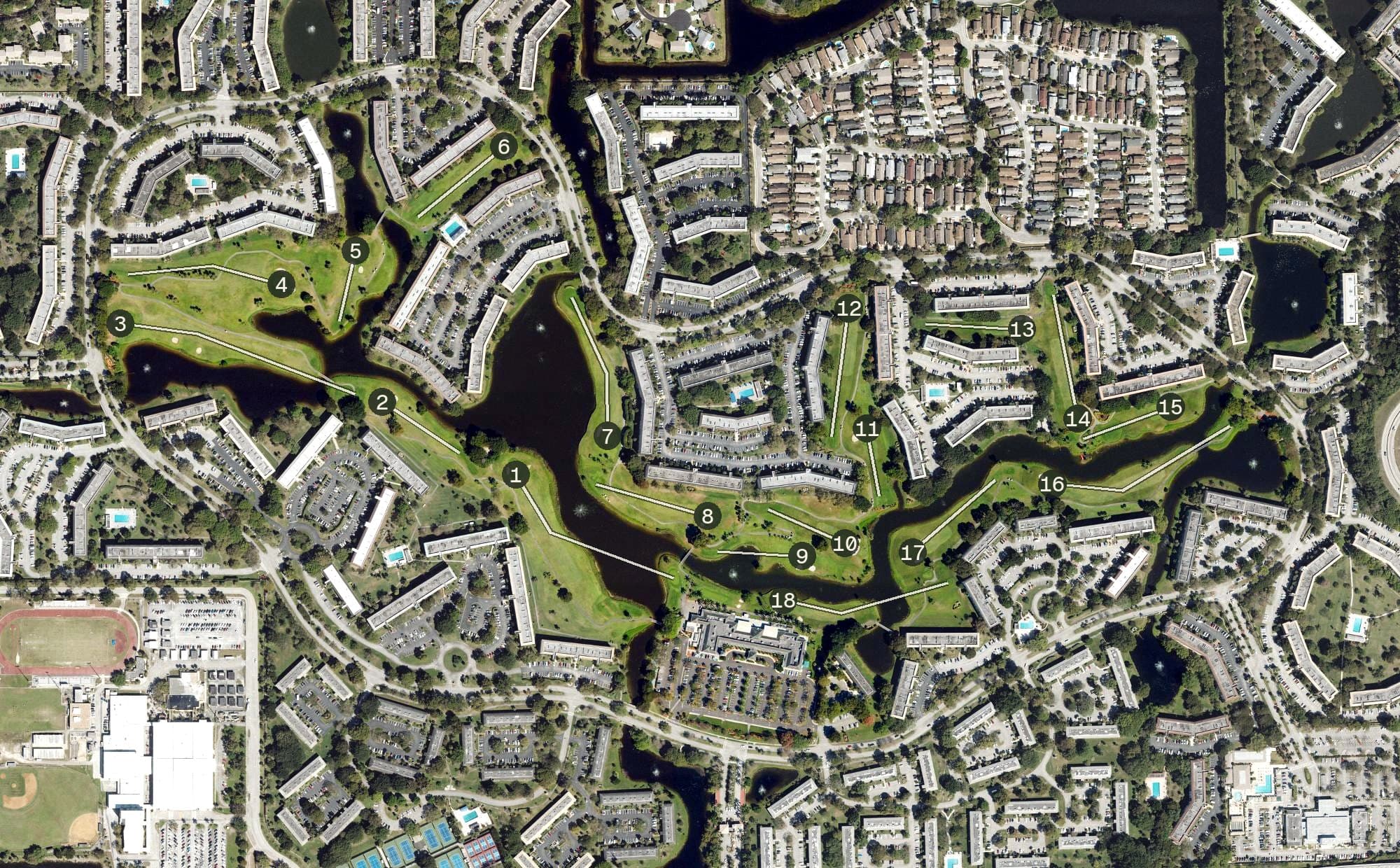 Aerial view of Wynmoor Golf Course, FL, with its hole routing marked