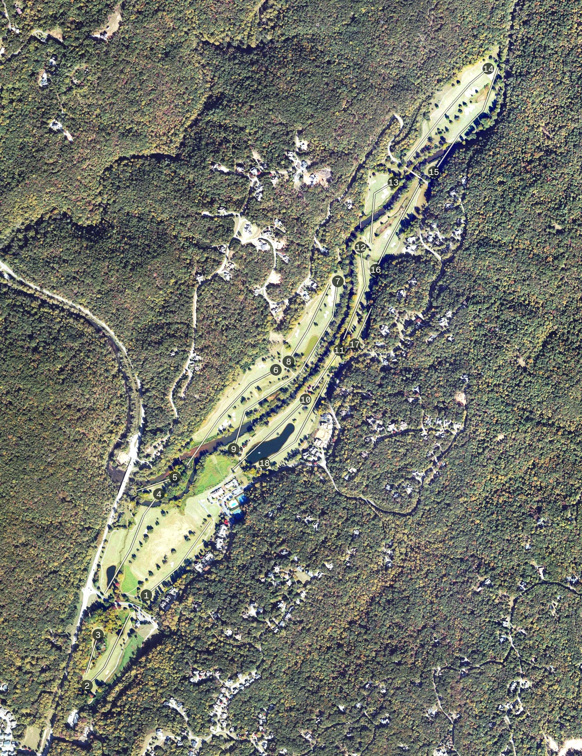 Aerial view of Achasta Golf Club, GA, with its hole routing marked