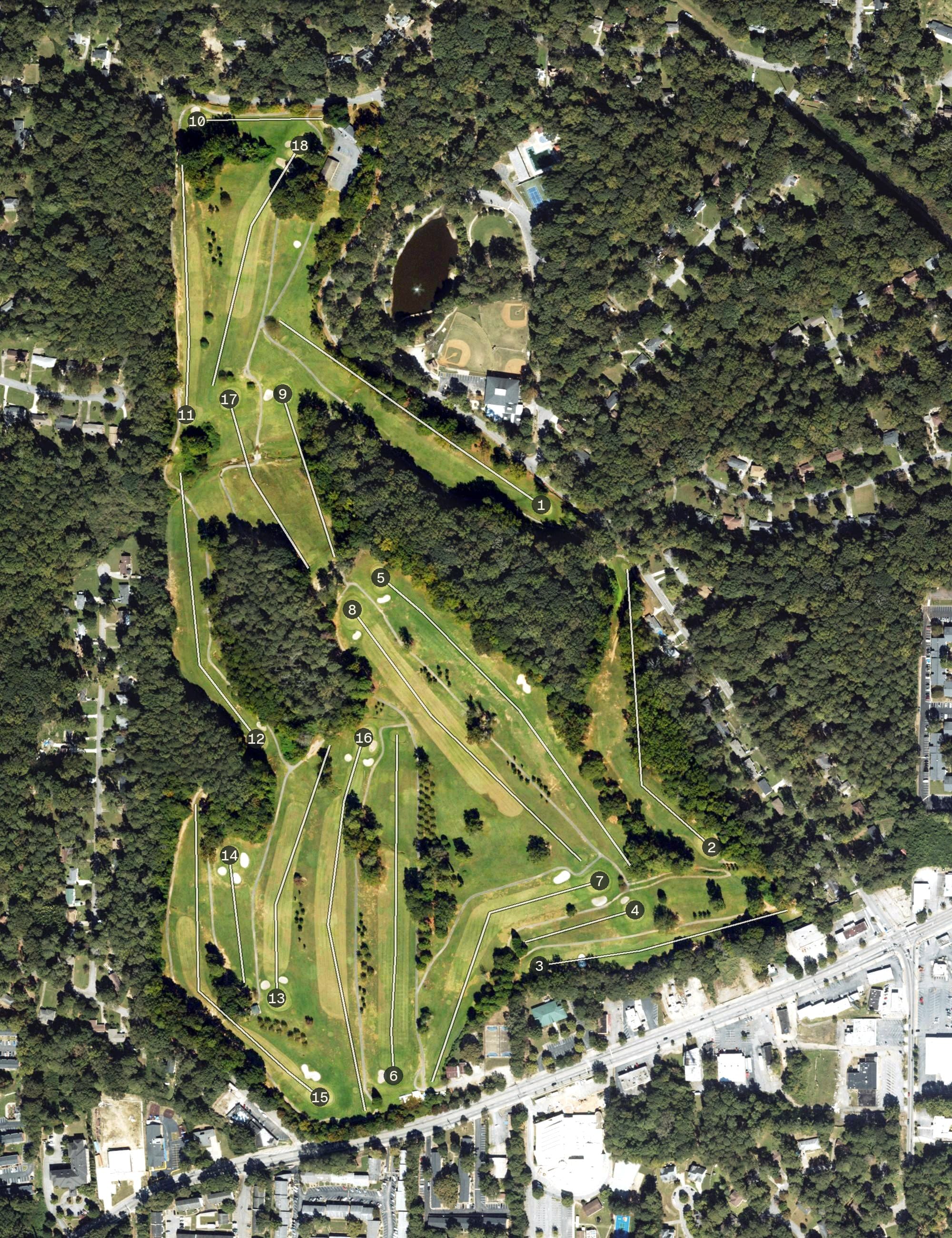 Aerial view of Alfred Tup Holmes Golf Course, GA, with its hole routing marked