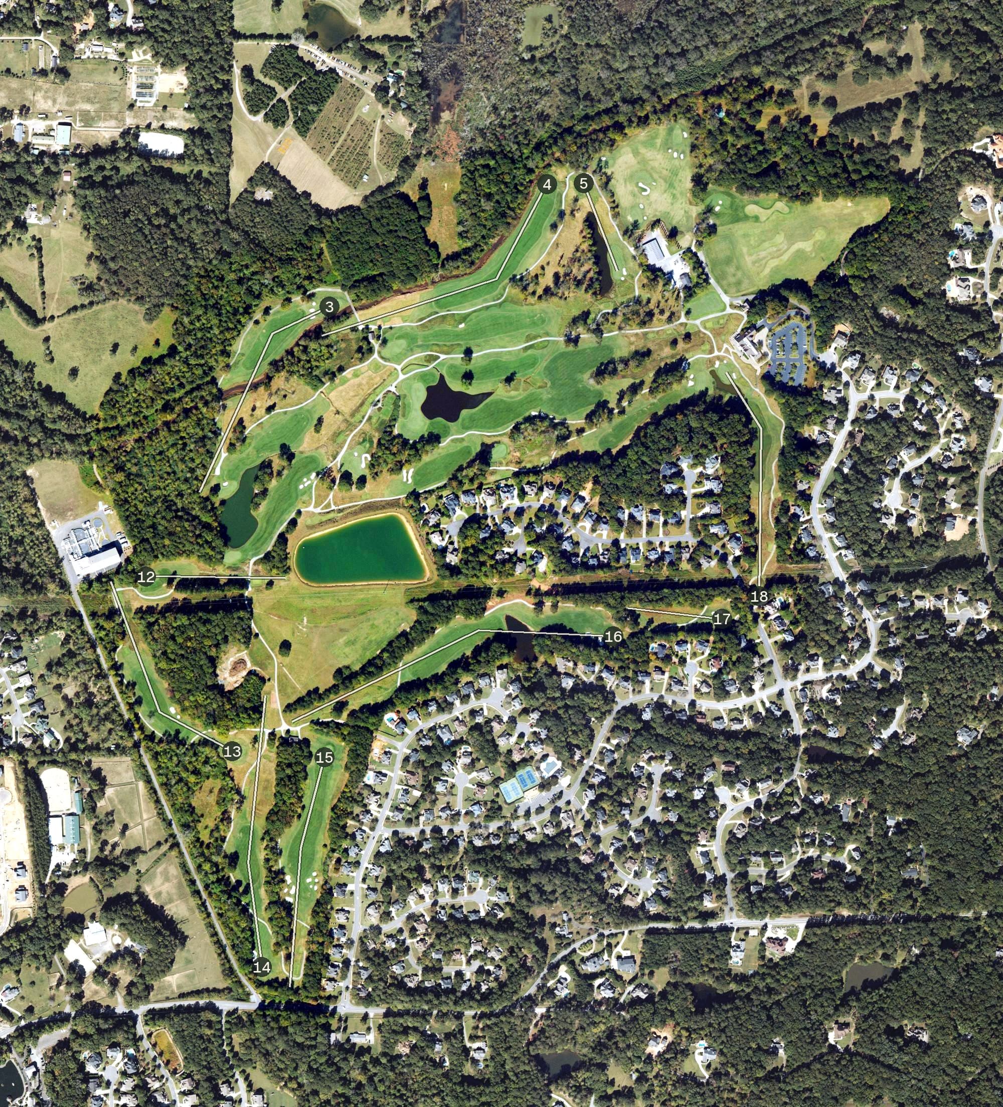 Aerial view of Ansley Golf Club - Settindown, GA, with its hole routing marked